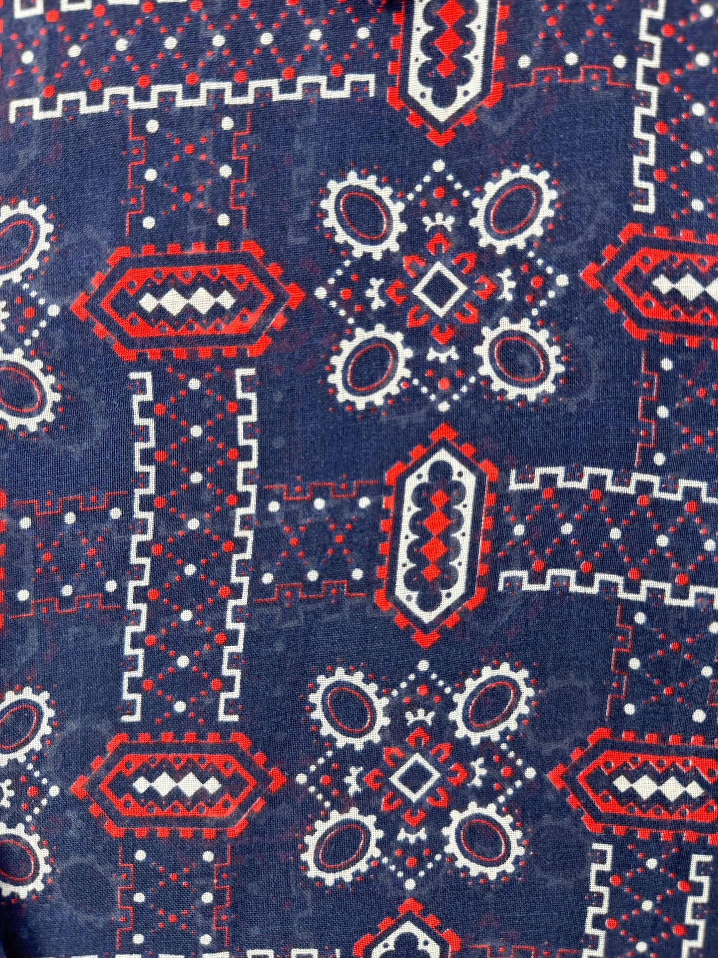 Pattern on Vintage Sheer Red White And Blue Printed Blouse SZ L