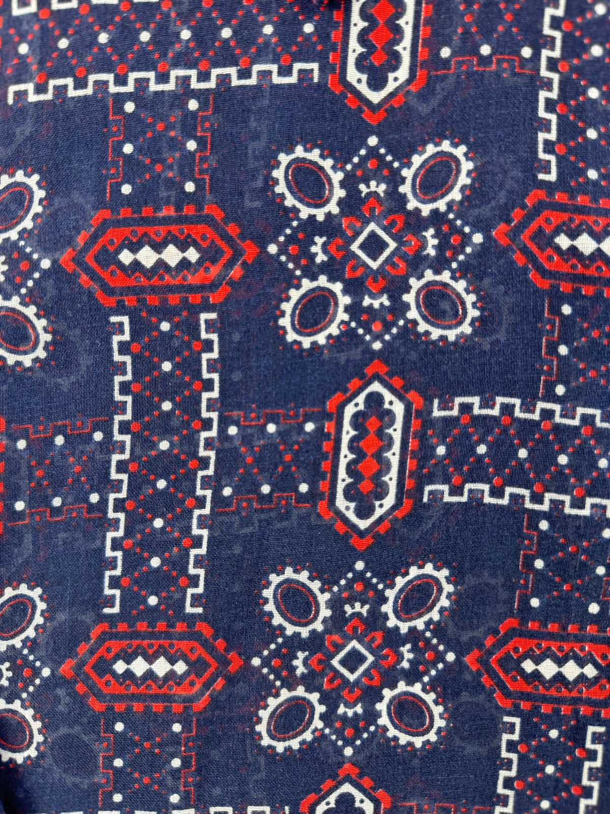 Pattern on Vintage Sheer Red White And Blue Printed Blouse SZ L