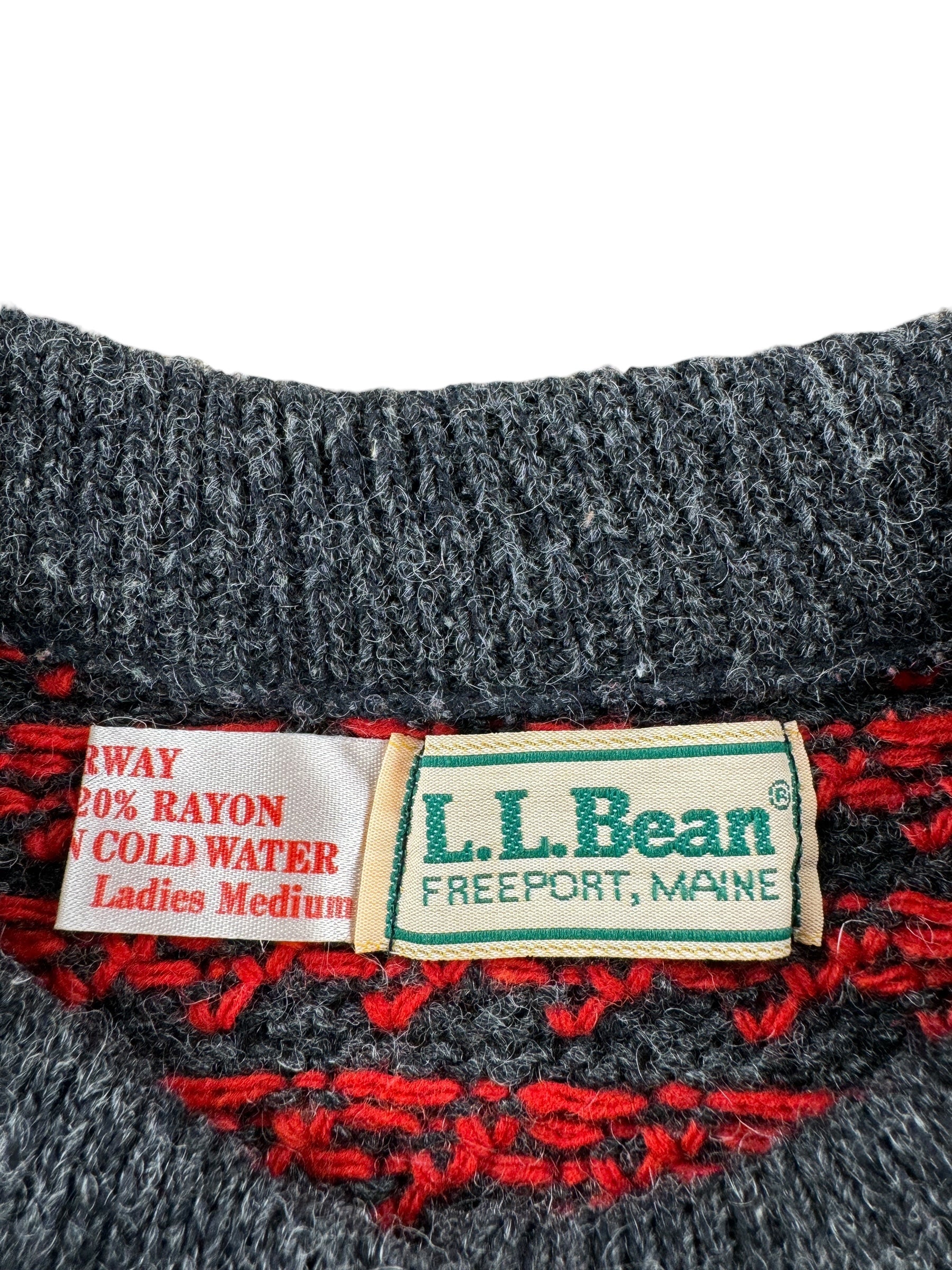 Tag on Vintage Ladies LL Bean Birdseye Nordic Cardigan Red & Grey SZ M