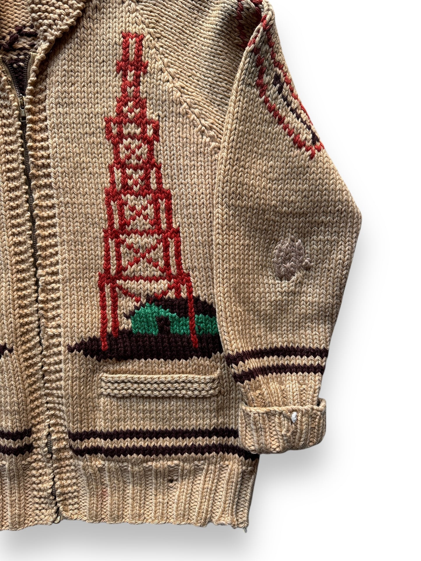 Front Left View of Vintage Oil Derrick Themed Cowichan Style Sweater SZ M with Yarn Patch in Left Arm