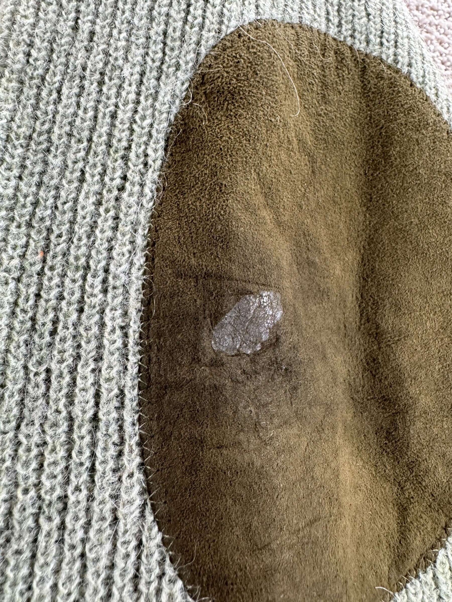 Stain on Elbow Patch on Vintage Cobain Style Green Mohair Cardigan SZ L