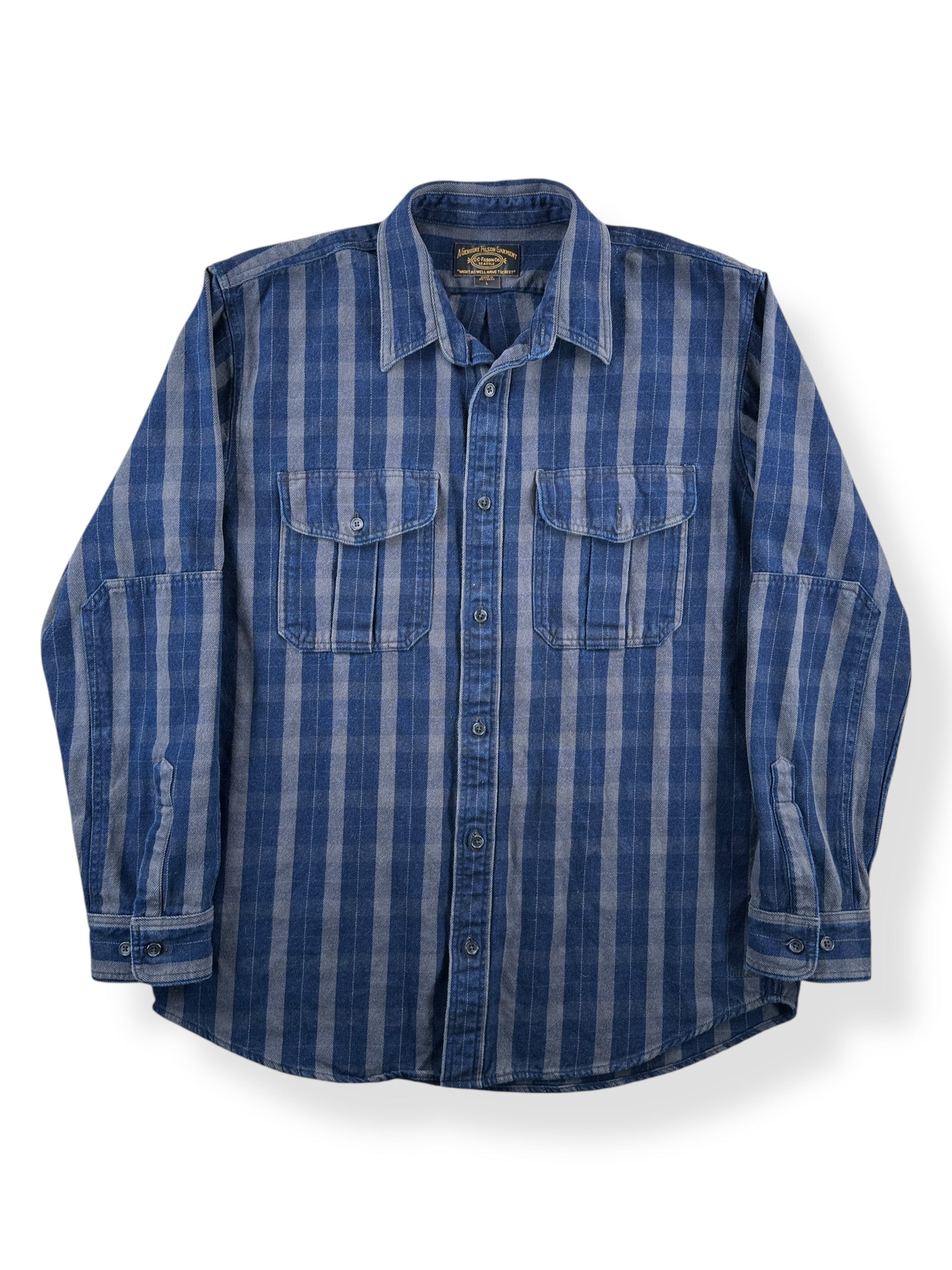Front of C. C. Filson Blue & Gray Striped Cotton Flannel SZ L