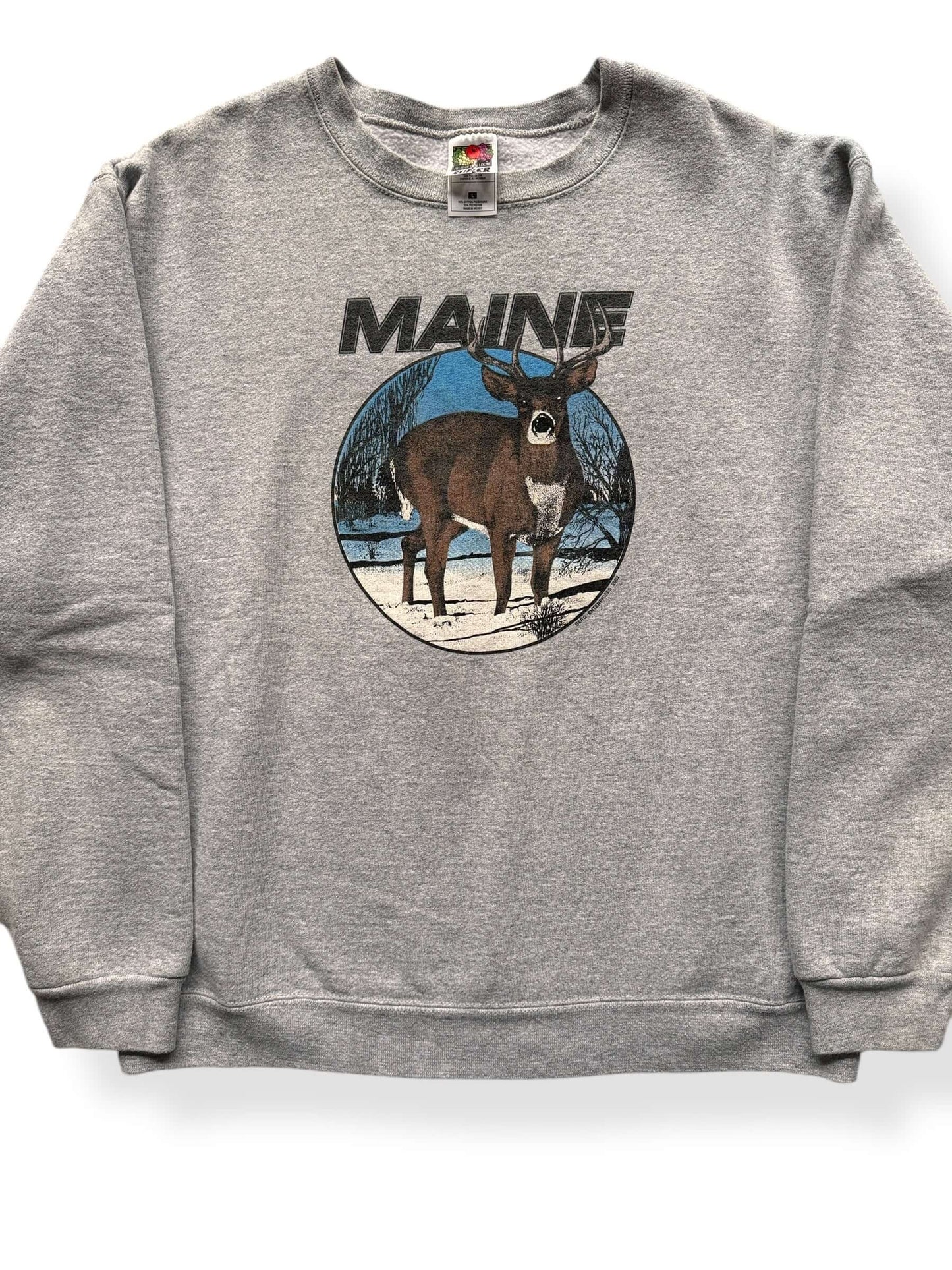 Front Close Up of Vintage Maine Crewneck SZ L