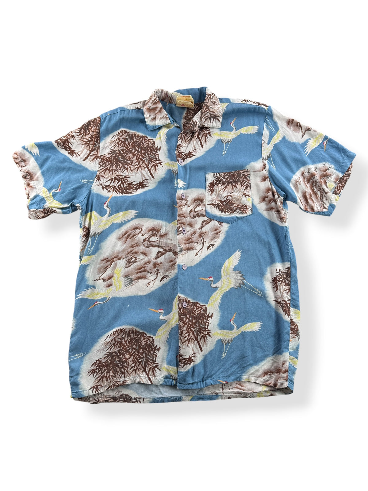 Front of Vintage 70s Rayon Crane Print Aloha Shirt SZ S