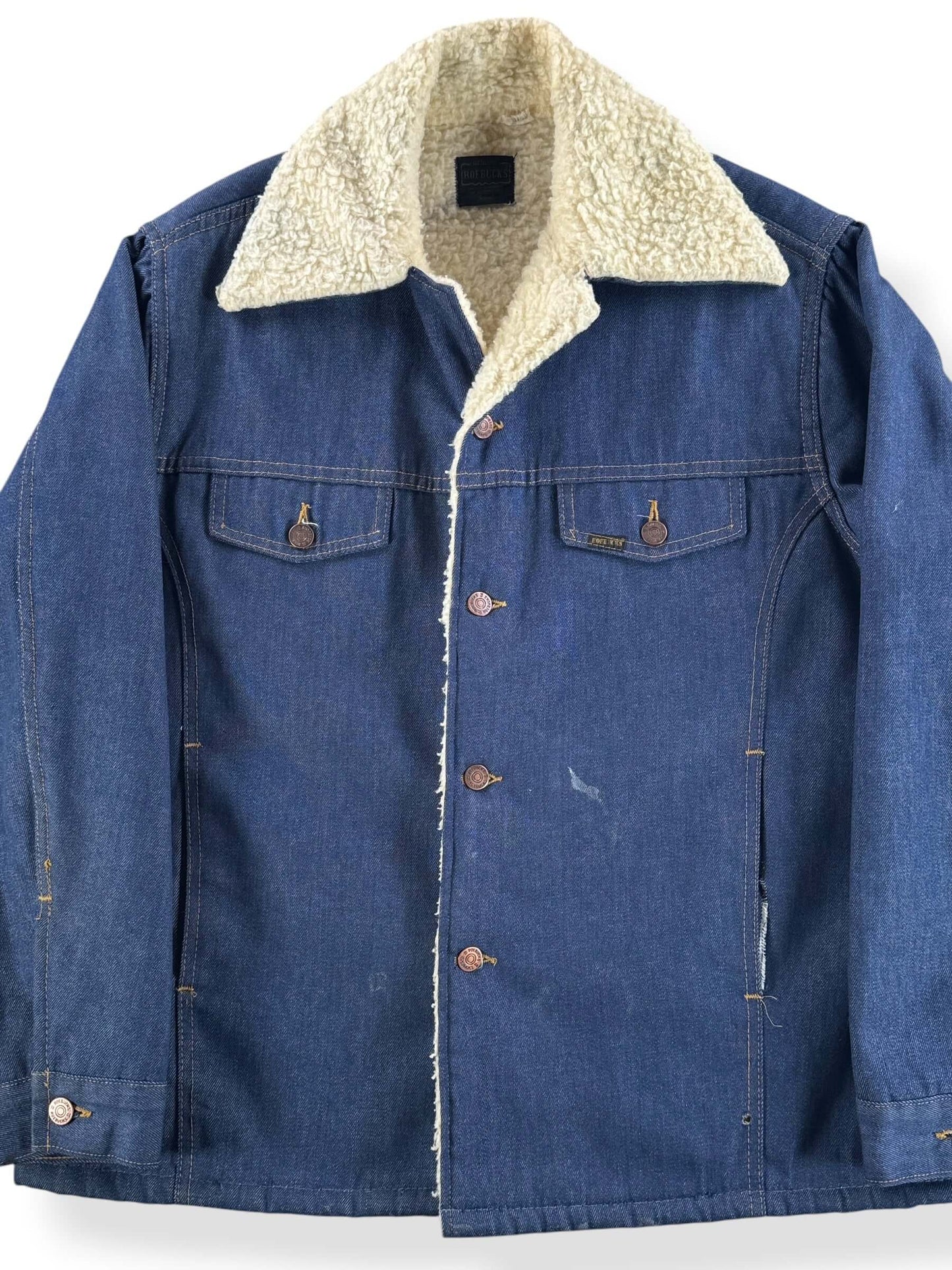 Front Close Up of Vintage Roebucks Raw Denim Shearling Jacket SZ 46