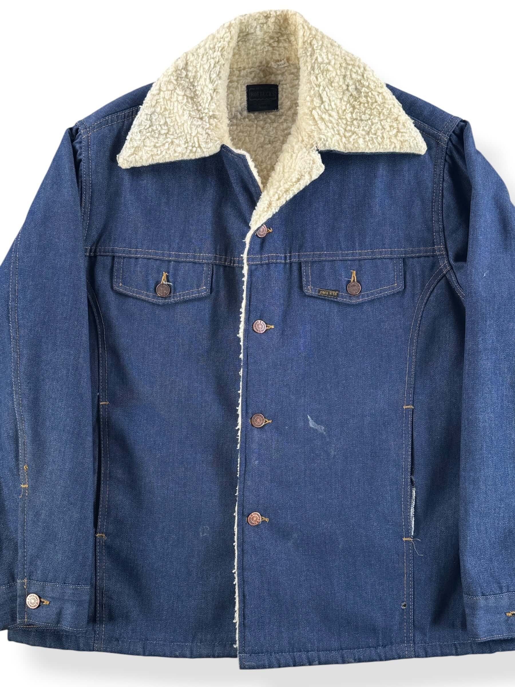 Front Close Up of Vintage Roebucks Raw Denim Shearling Jacket SZ 46