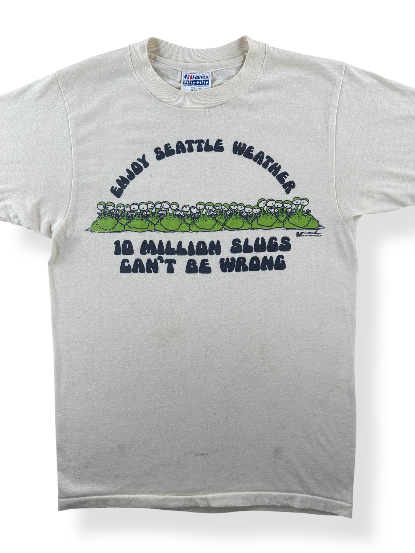 Front Close Up of Vintage Seattle Rain Humor 10 Million Slugs Tee SZ M (Fits S)