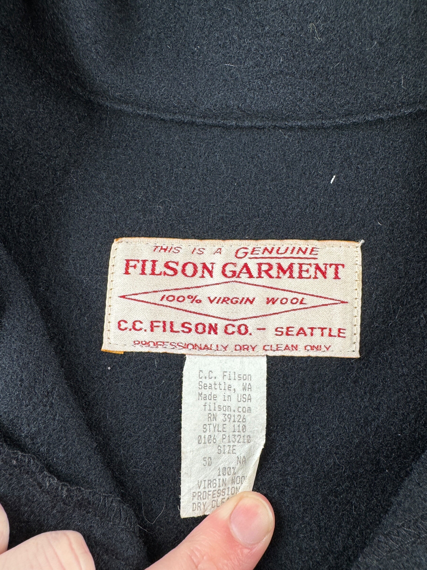 Tag on Vintage Filson Navy Mackinaw Cruiser Jacket SZ 50