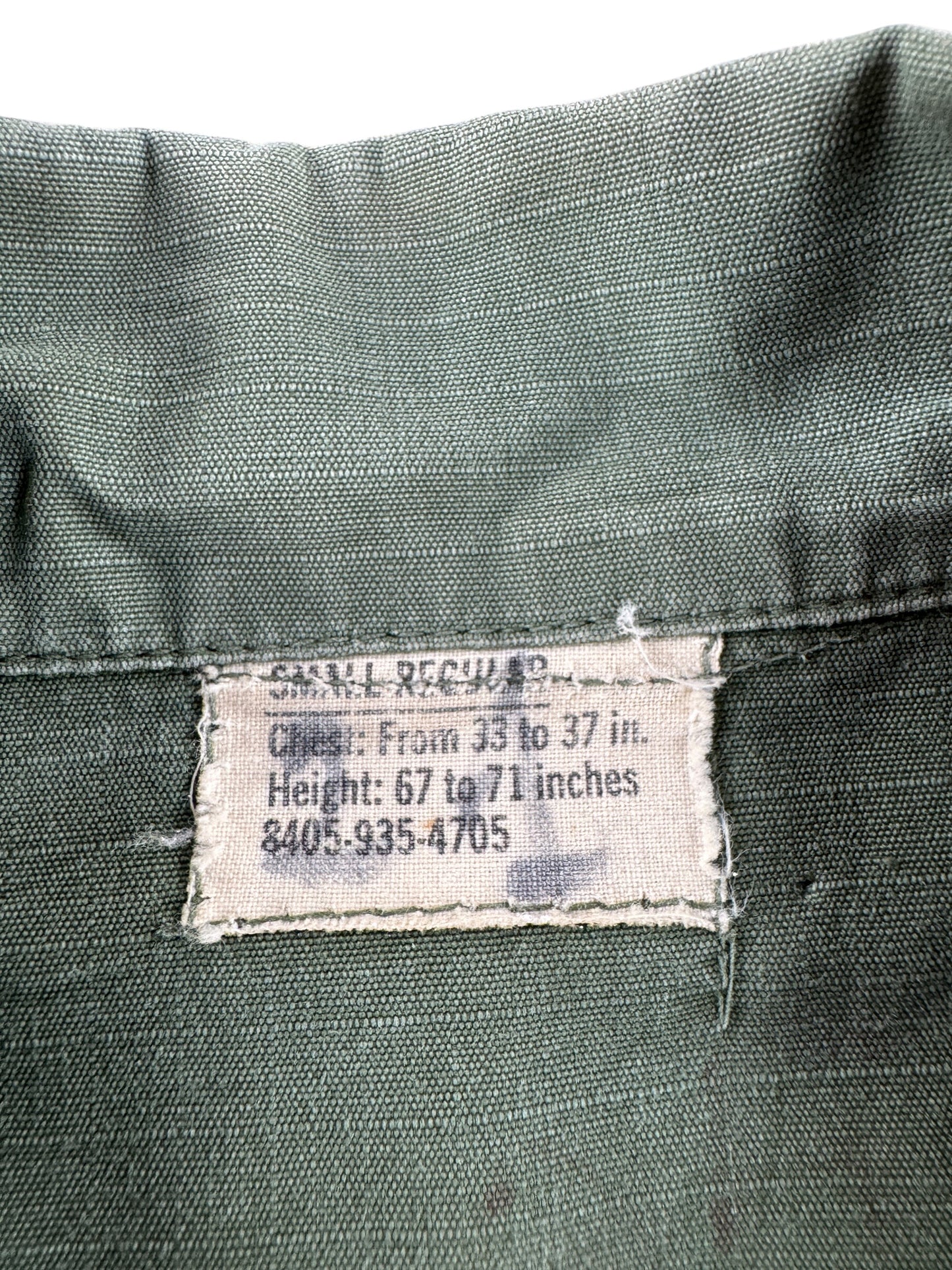 Label on Vintage Vietnam Short Sleeve Jungle Shirt SZ S
