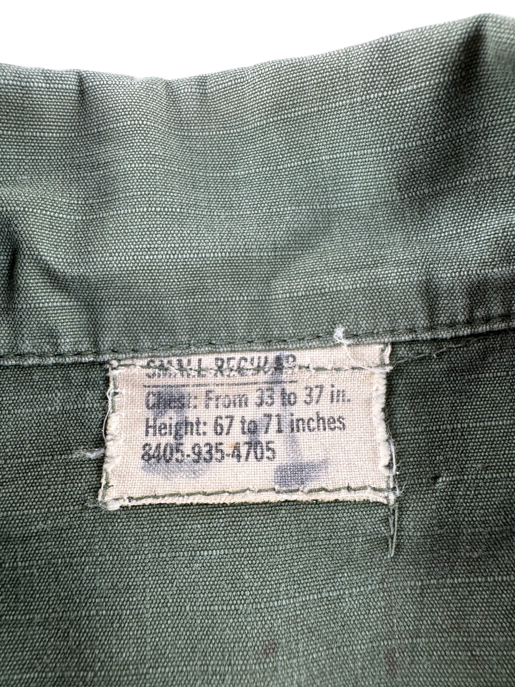 Label on Vintage Vietnam Short Sleeve Jungle Shirt SZ S