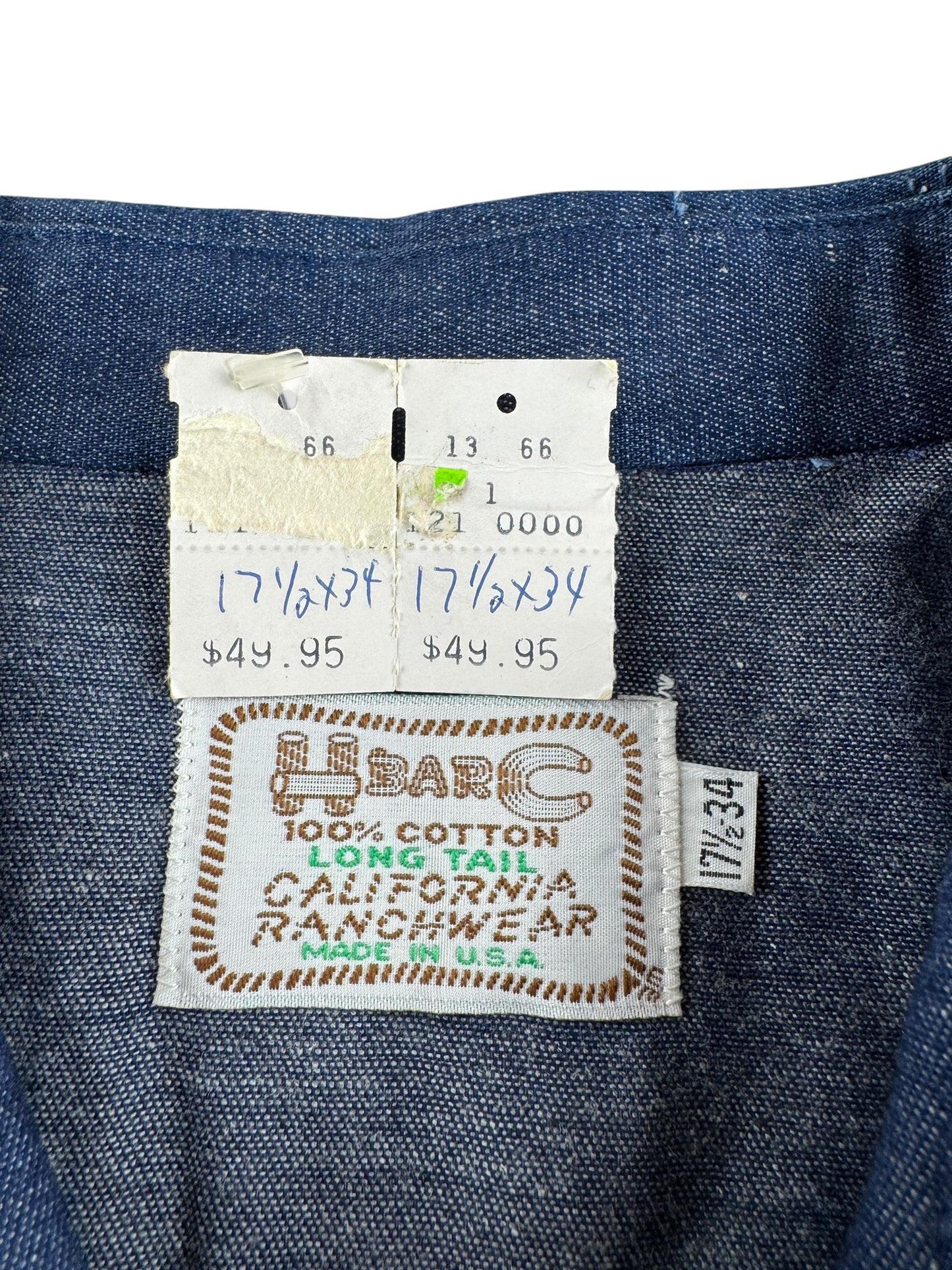 Label on Vintage NOS H Bar C Denim Western Shirt SZ XL