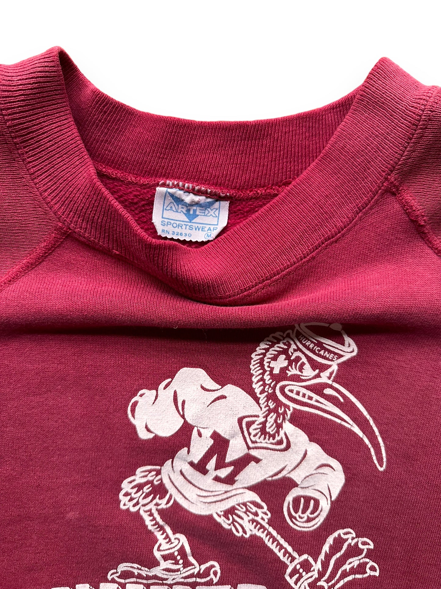 Tag View on Vintage Two-Sided University of Miami Short Sleeve Crewneck Sweatshirt SZ M | Seattle Vintage Crewneck Sweatshirts | Barn Owl Vintage Seattle