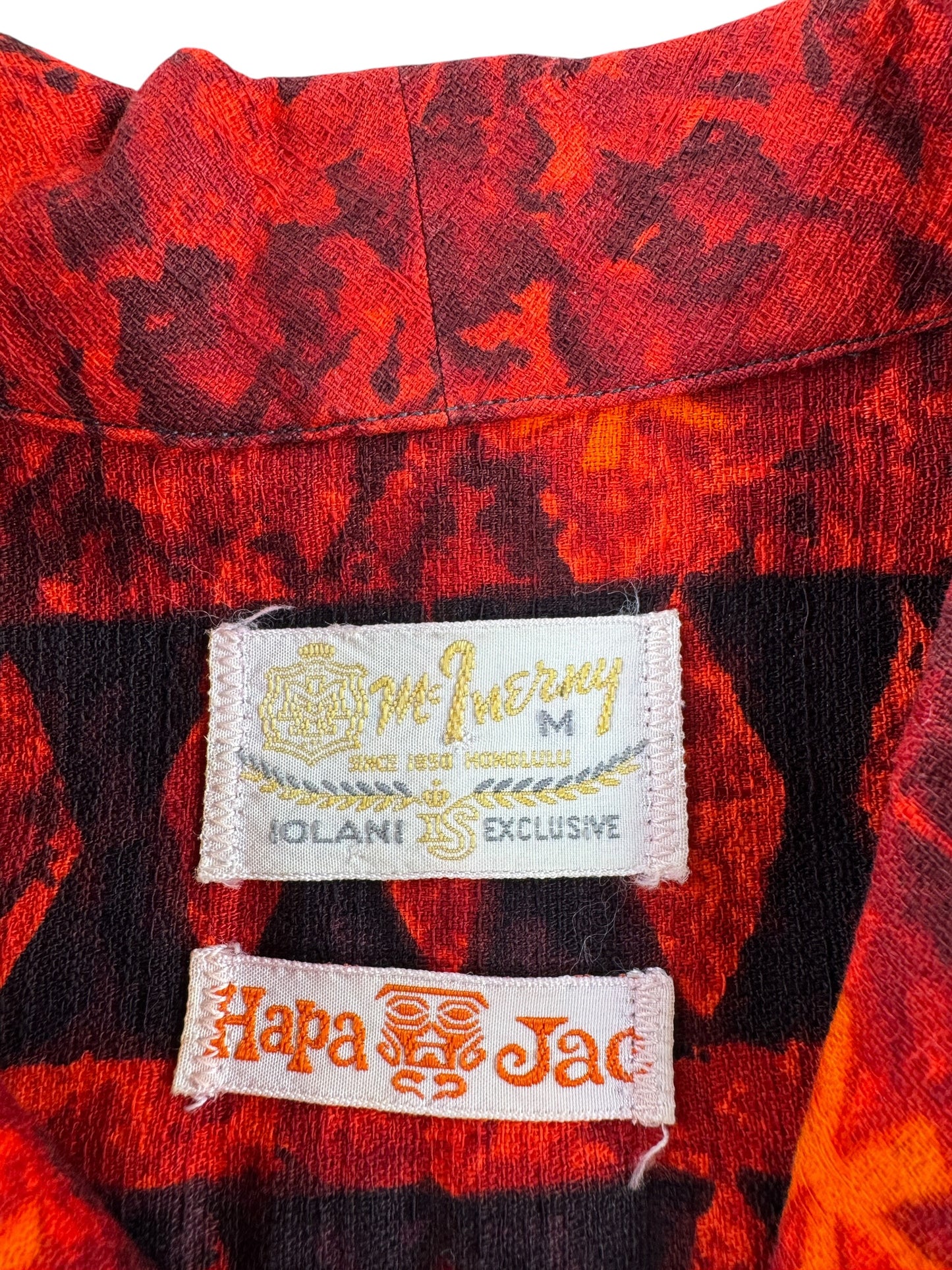Label on Vintage Iolani Hapa Jac Barkcloth Aloha Shirt SZ M