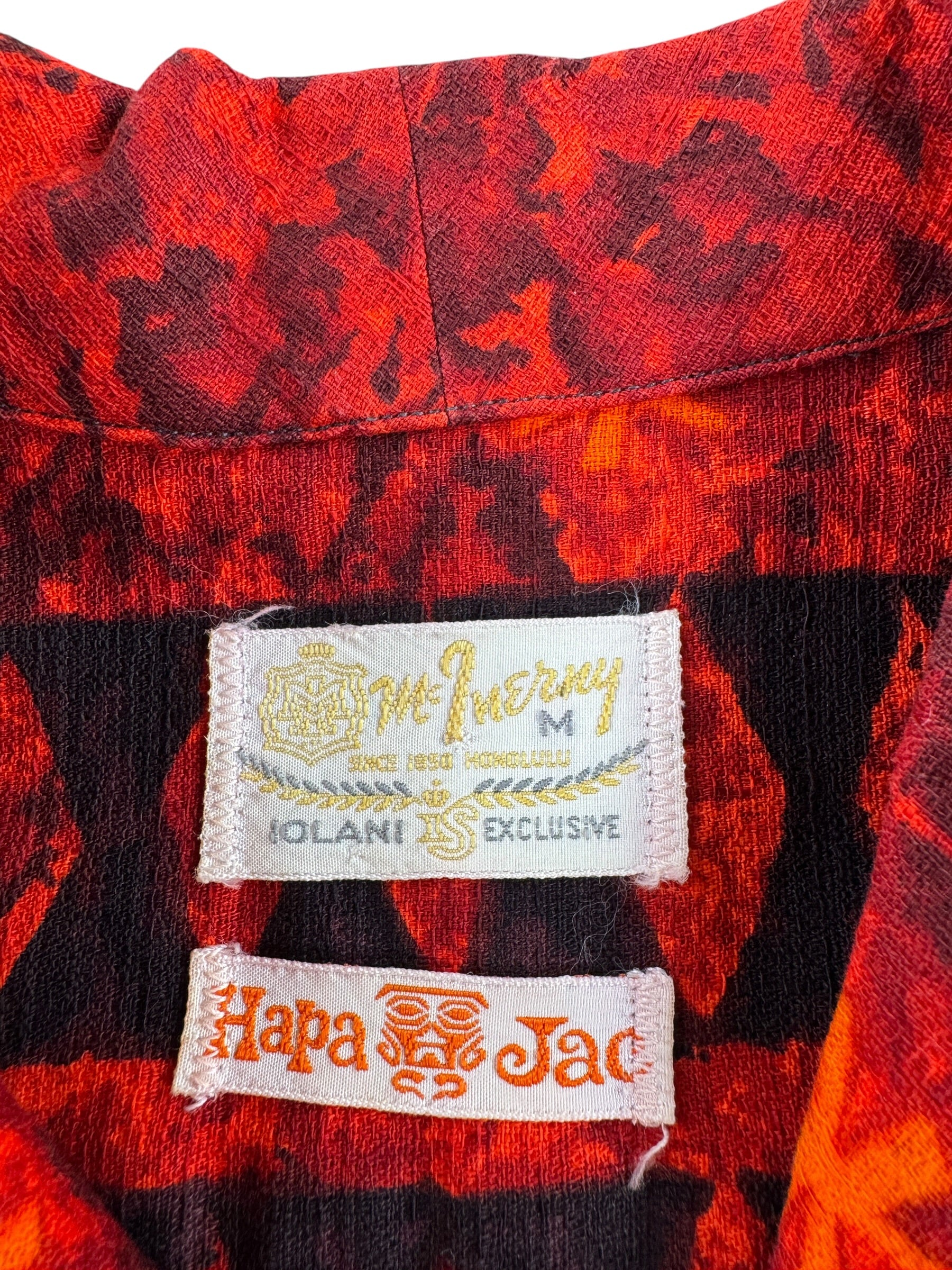Label on Vintage Iolani Hapa Jac Barkcloth Aloha Shirt SZ M