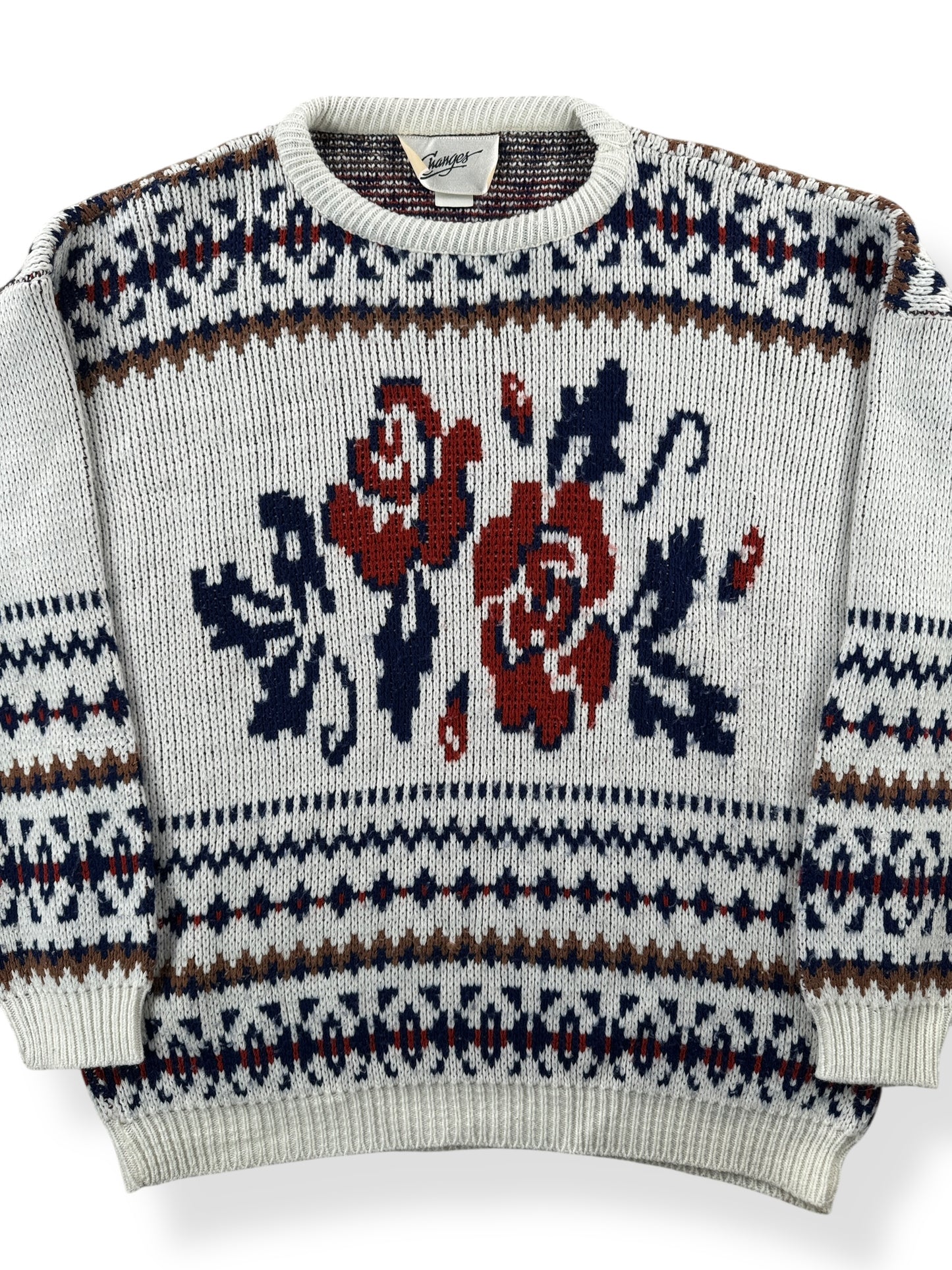 Front Close Up of Vintage Changes Knit Rose Sweater SZ XL