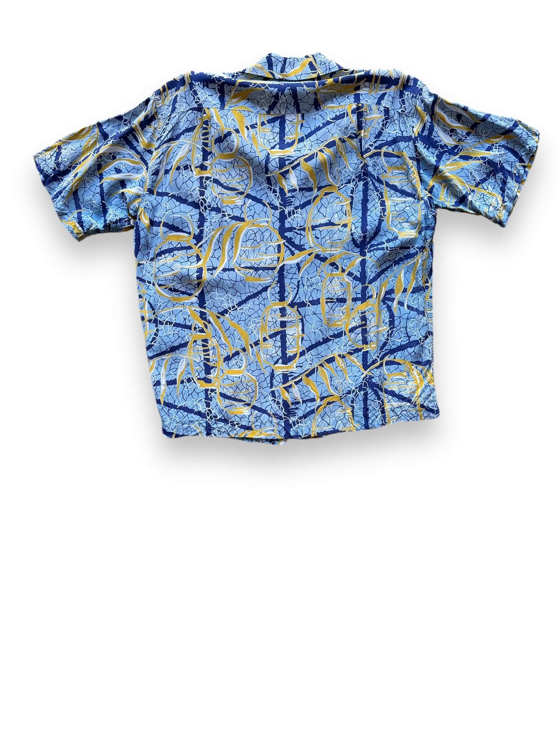 Rear View of Vintage Blue & Gold Abstract Rayon Aloha Shirt SZ M