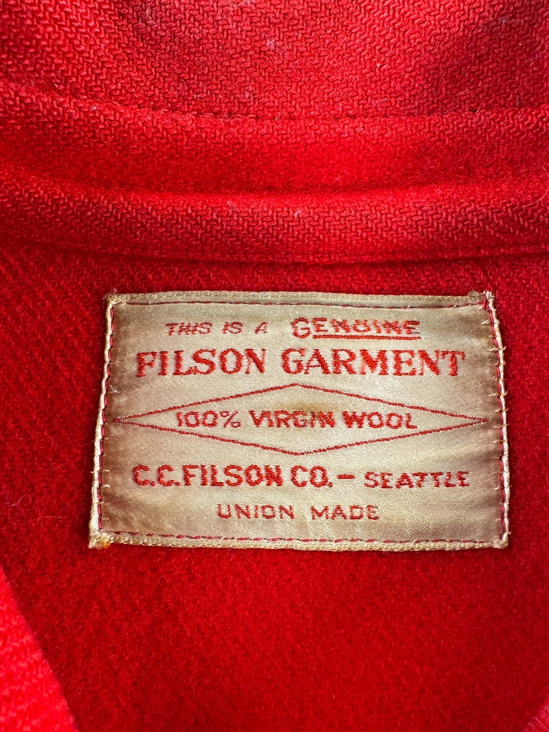 Label on Vintage Filson Union Made Scarlet Cruiser SZ 42