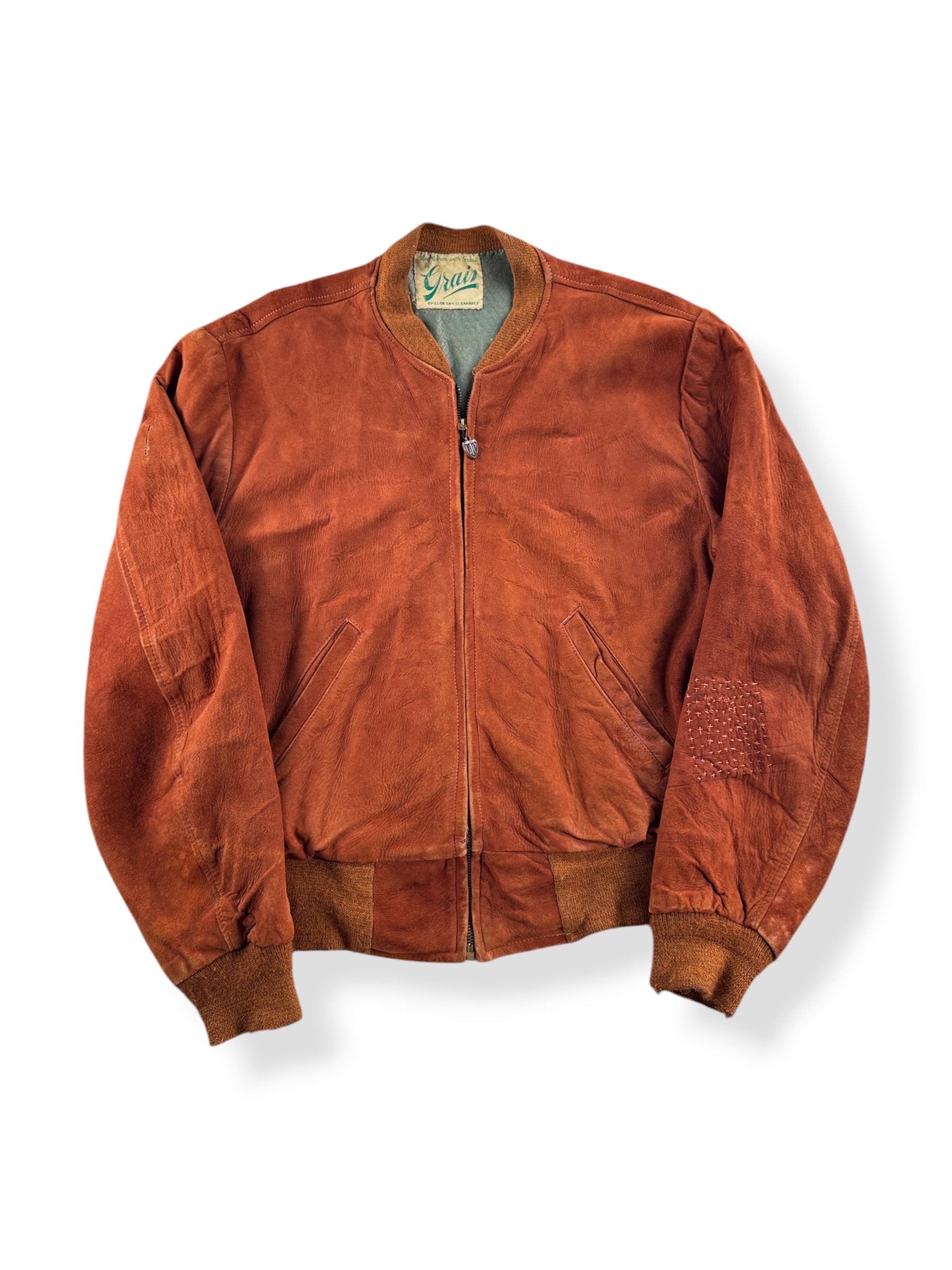 Front of Vintage Thrashy Grais Suede Bomber Jacket SZ L