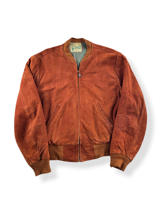 Front of Vintage Thrashy Grais Suede Bomber Jacket SZ L