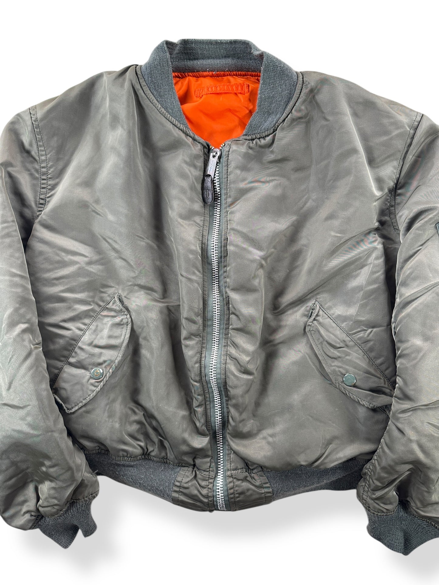 Front Close Up of Vintage Alpha Industries Vietnam Era MA1 Bomber Jacket SZ