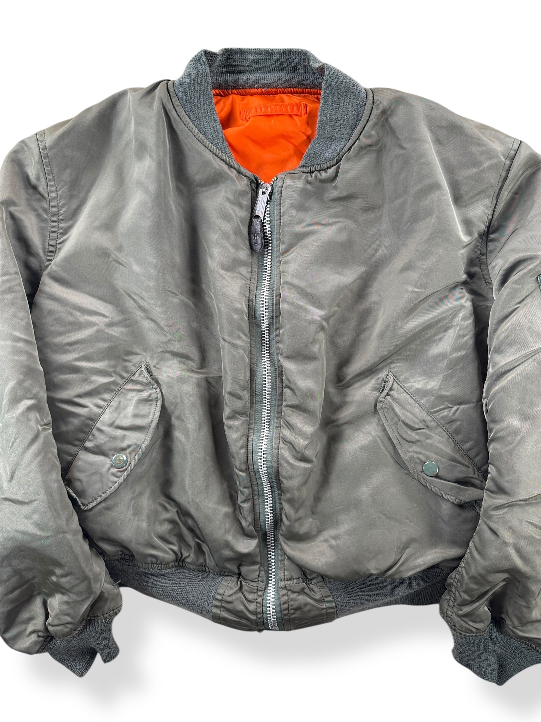 Front Close Up of Vintage Alpha Industries Vietnam Era MA1 Bomber Jacket SZ