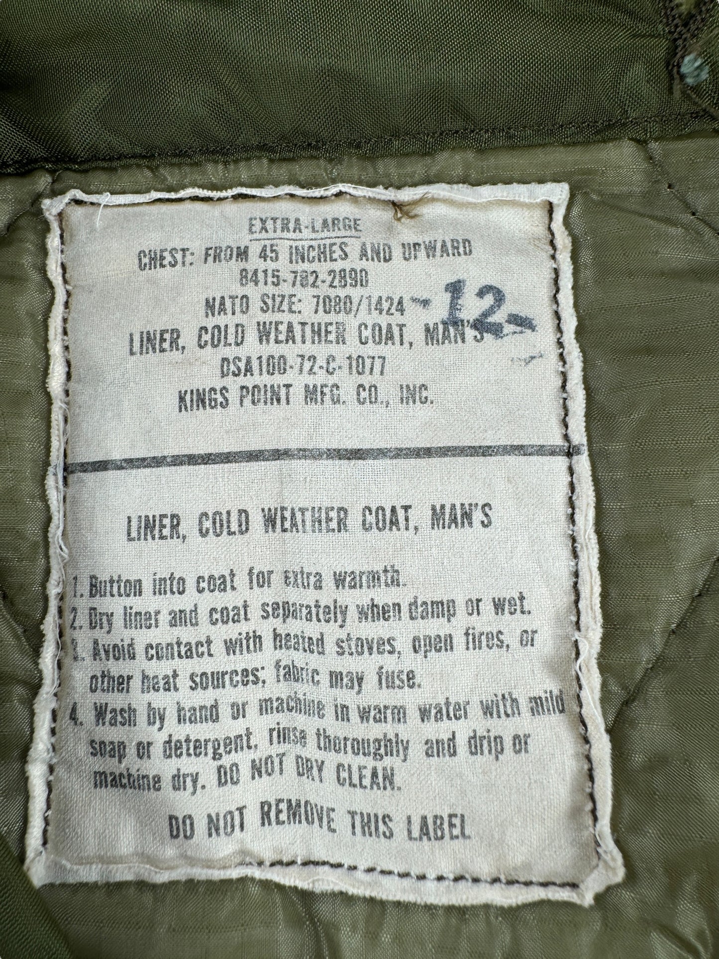 Label on Vintage Military Liner SZ XL