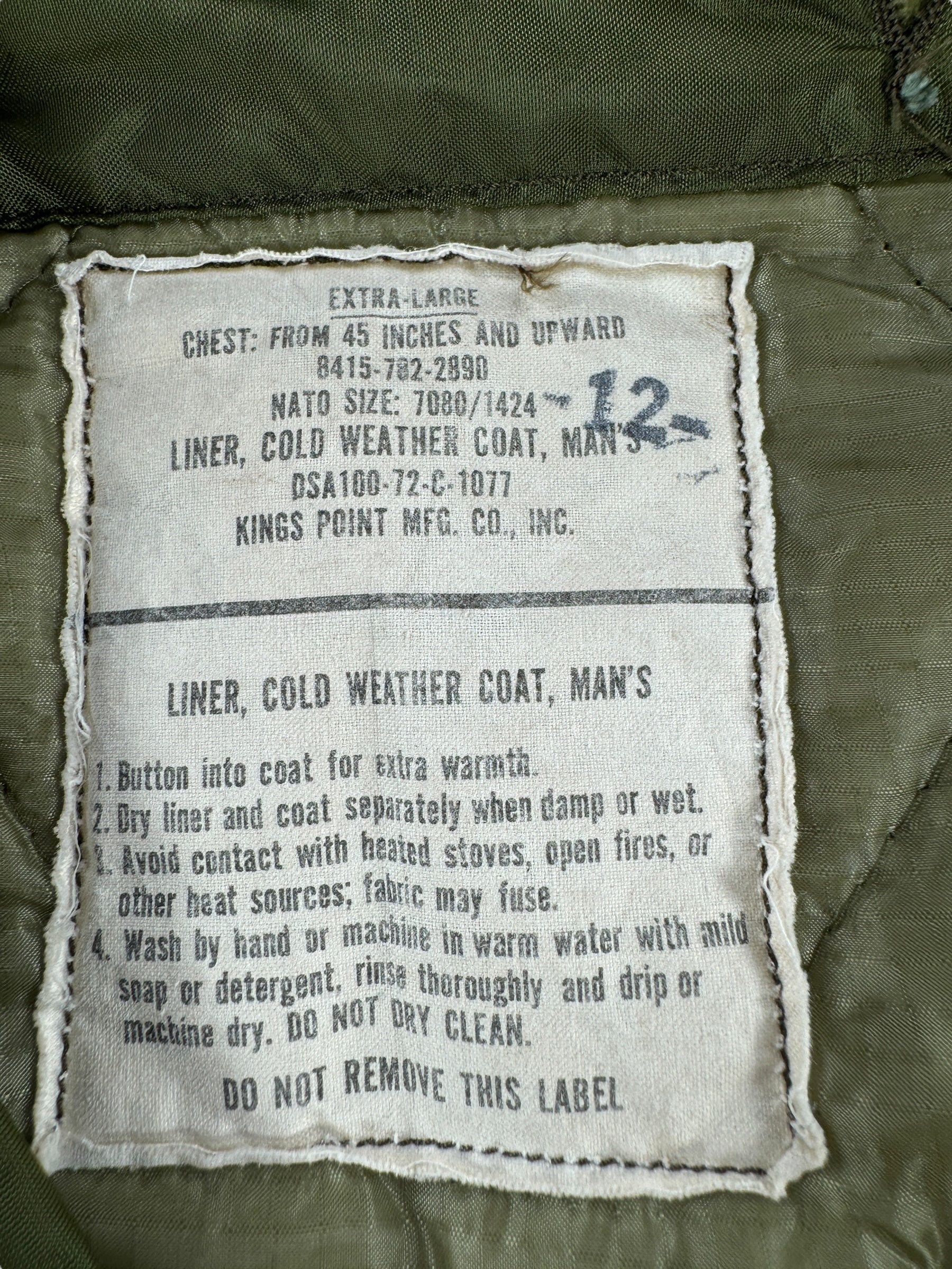 Label on Vintage Military Liner SZ XL
