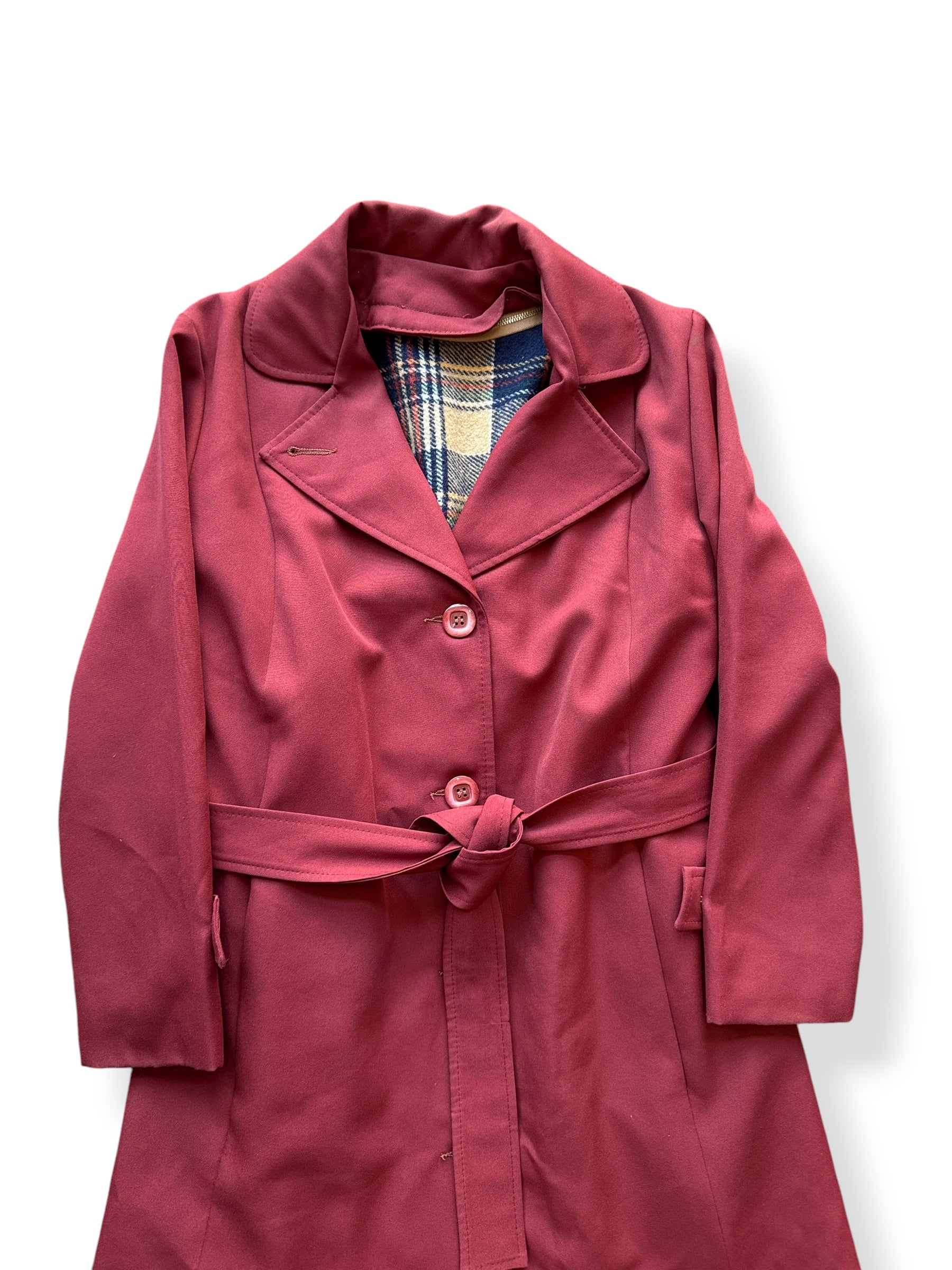 Front Close Up of Vintage Maroon Polyester Trench Coat SZ S
