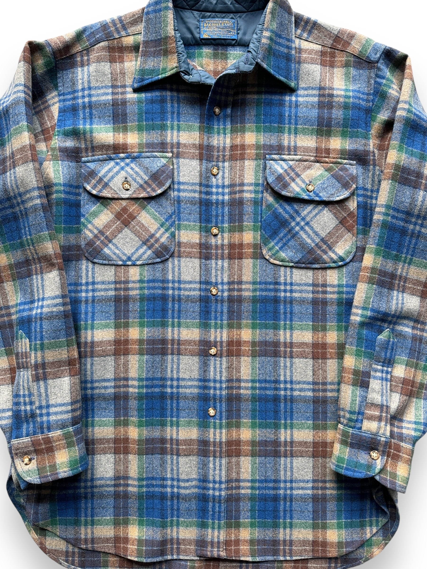 front close up of Vintage Pendleton Blue/Green/Brown Plaid Flannel SZ L