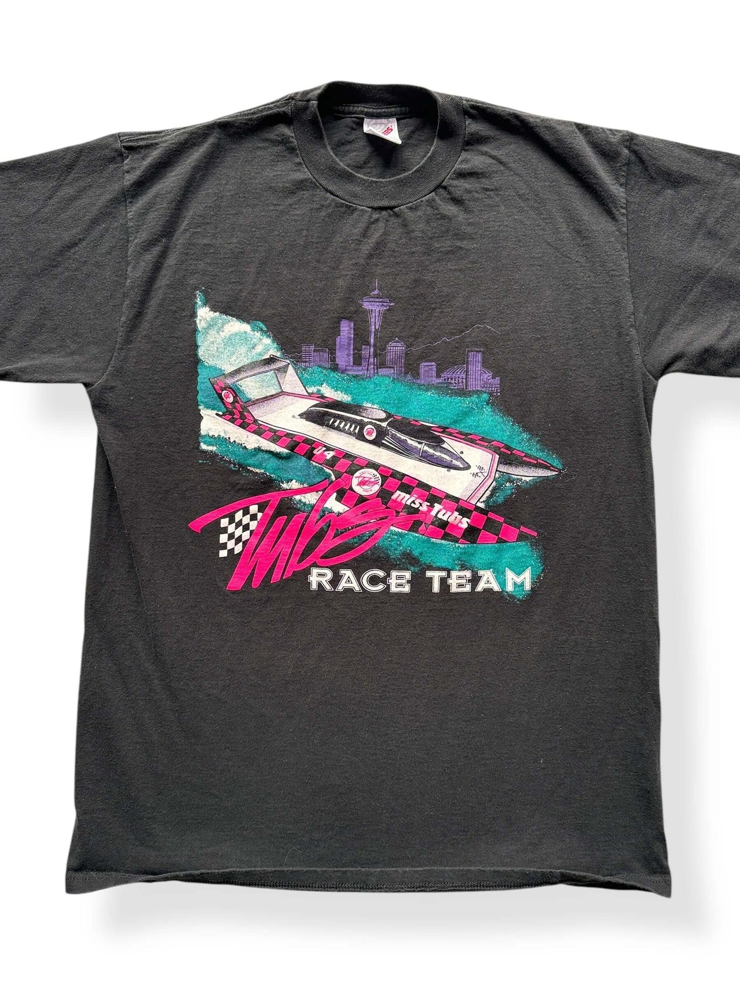 Front Close Up of Vintage Miss Tubs Race Team Tee SZ L