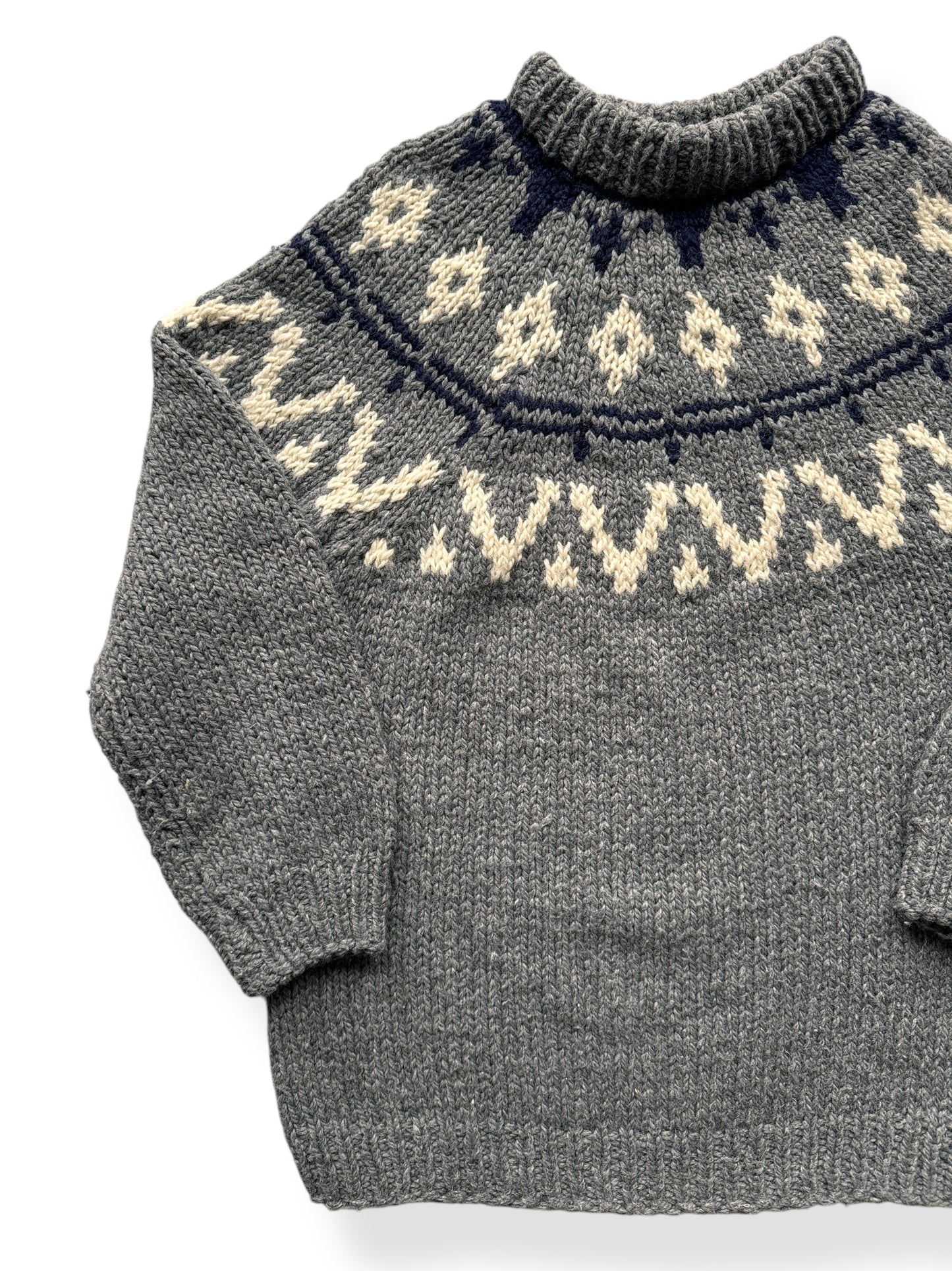 Front Right of Vintage Navy Grey & White Handknit Icelandic Sweater SZ S