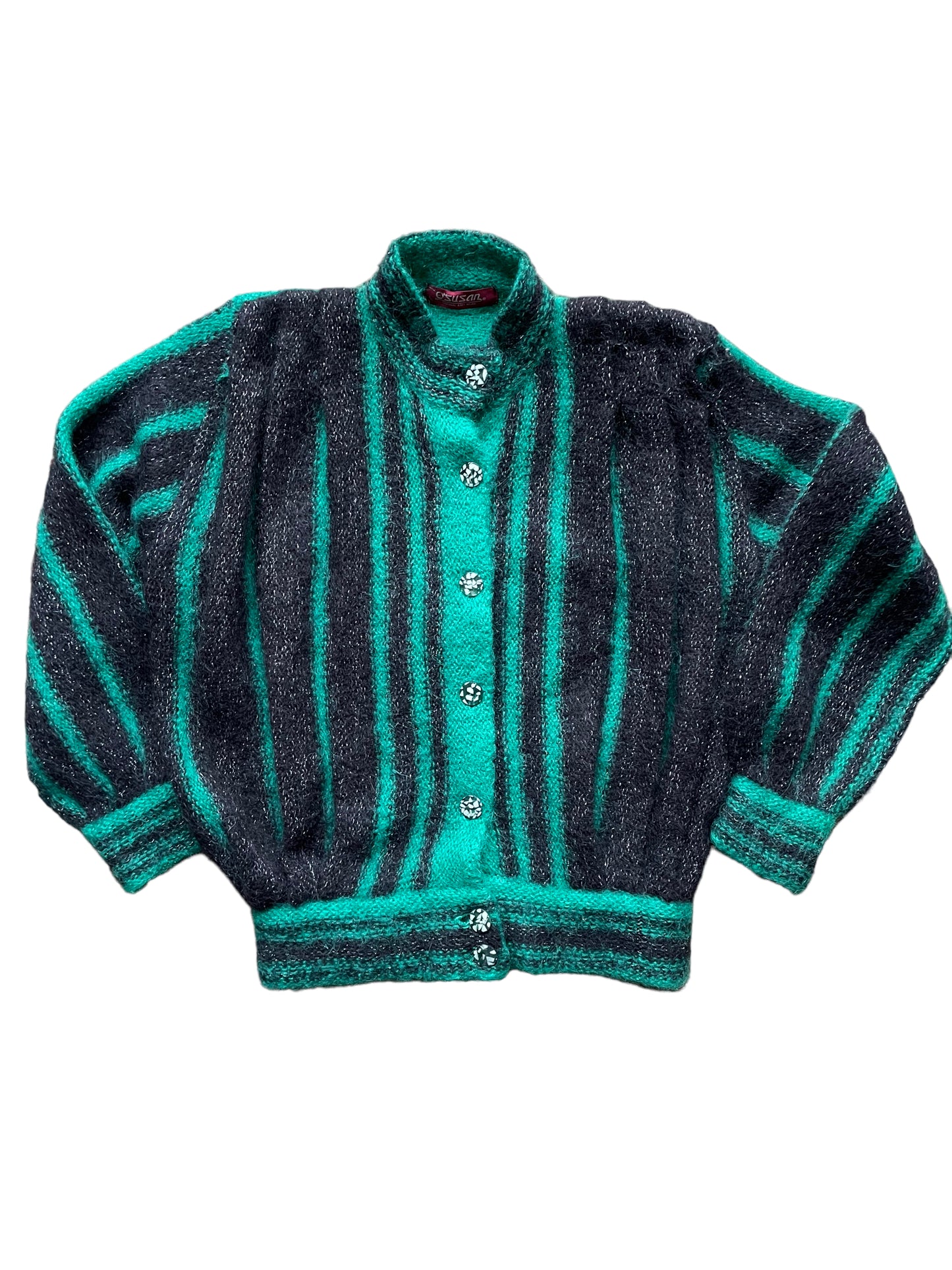 Full front view of Vintage 80s Green and Black Sparkly Cardigan SZ L | Seattle True Vintage | Barn Owl Vintage Womens Clothing