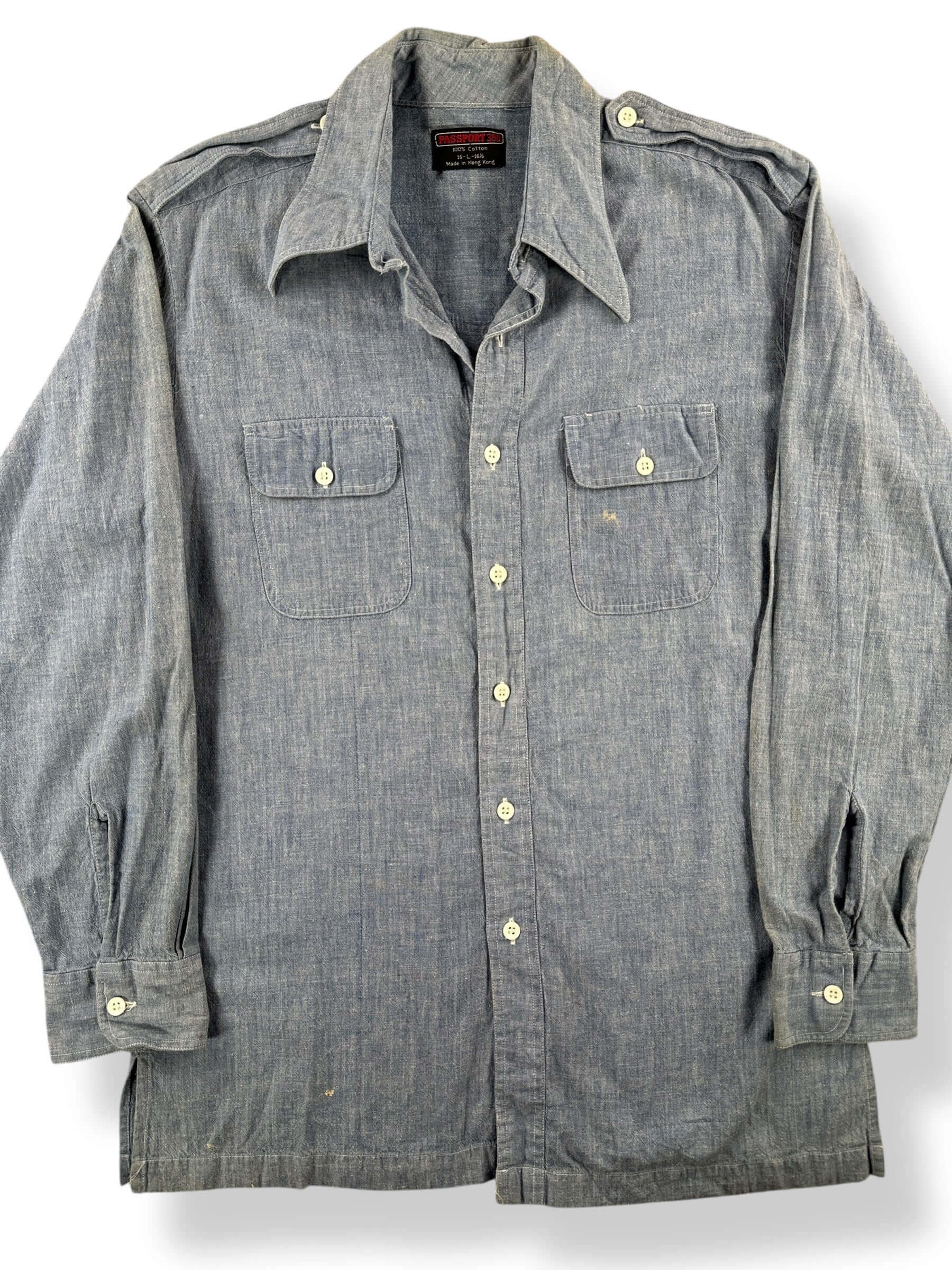 Front Close Up of Vintage Passport 360 Cotton Chambray Shirt SZ L