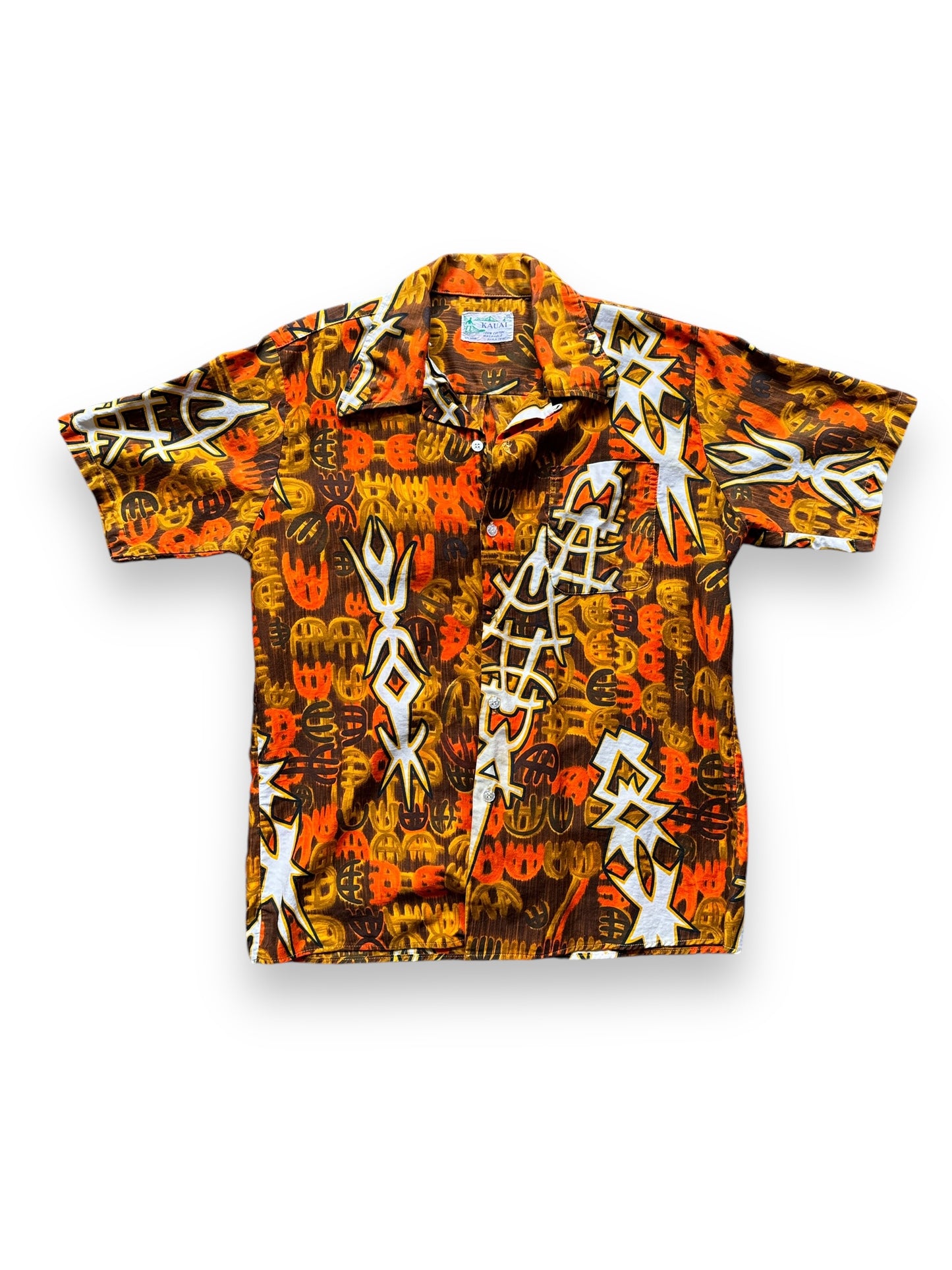 front of Vintage Kauai Orange Aloha Shirt SZ M