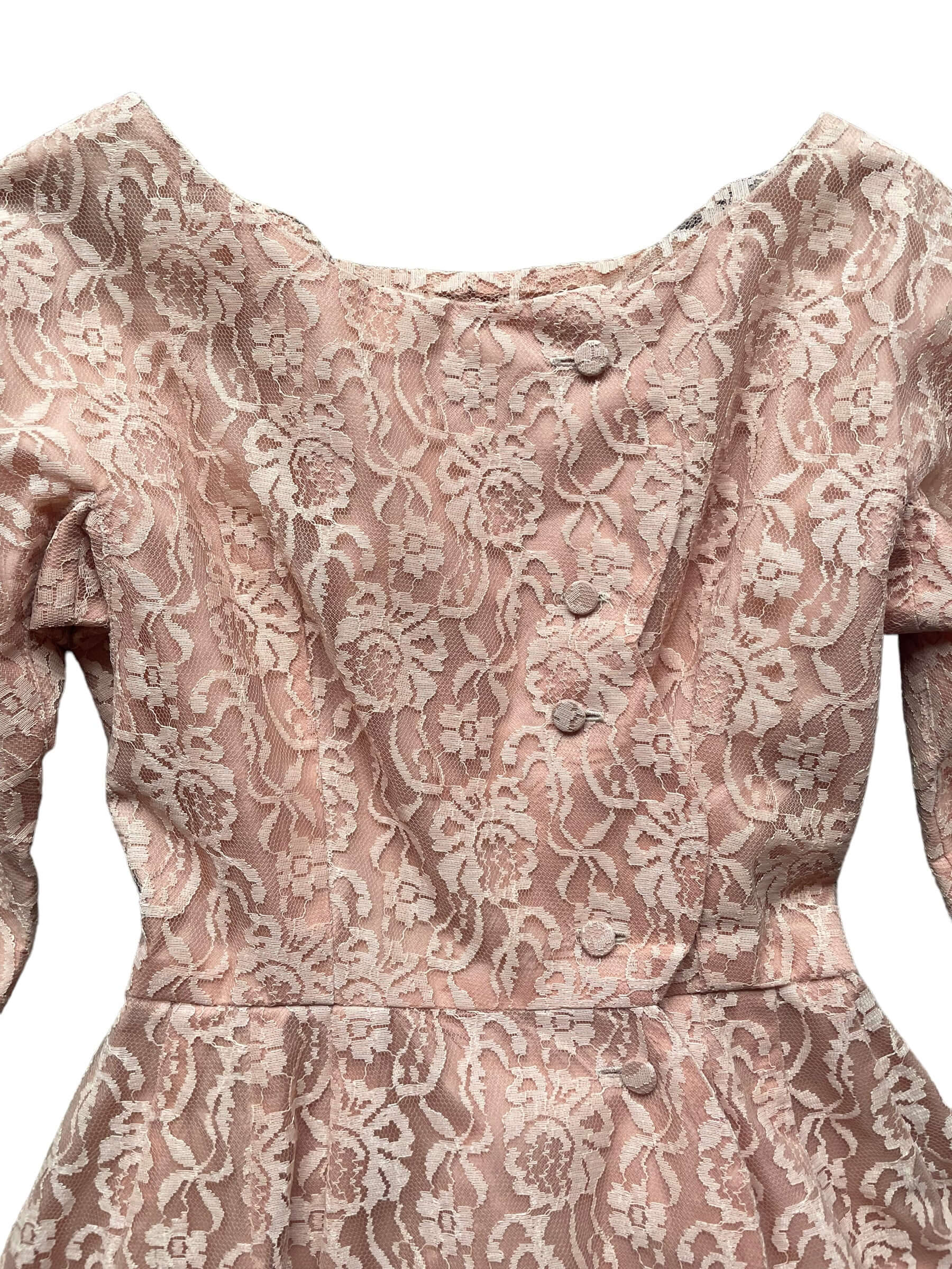 Front chest view of Vintage 1950s Handmade Pink Lace Formal Dress |  Barn Owl Vintage Dresses | Seattle Vintage Ladies Clothing