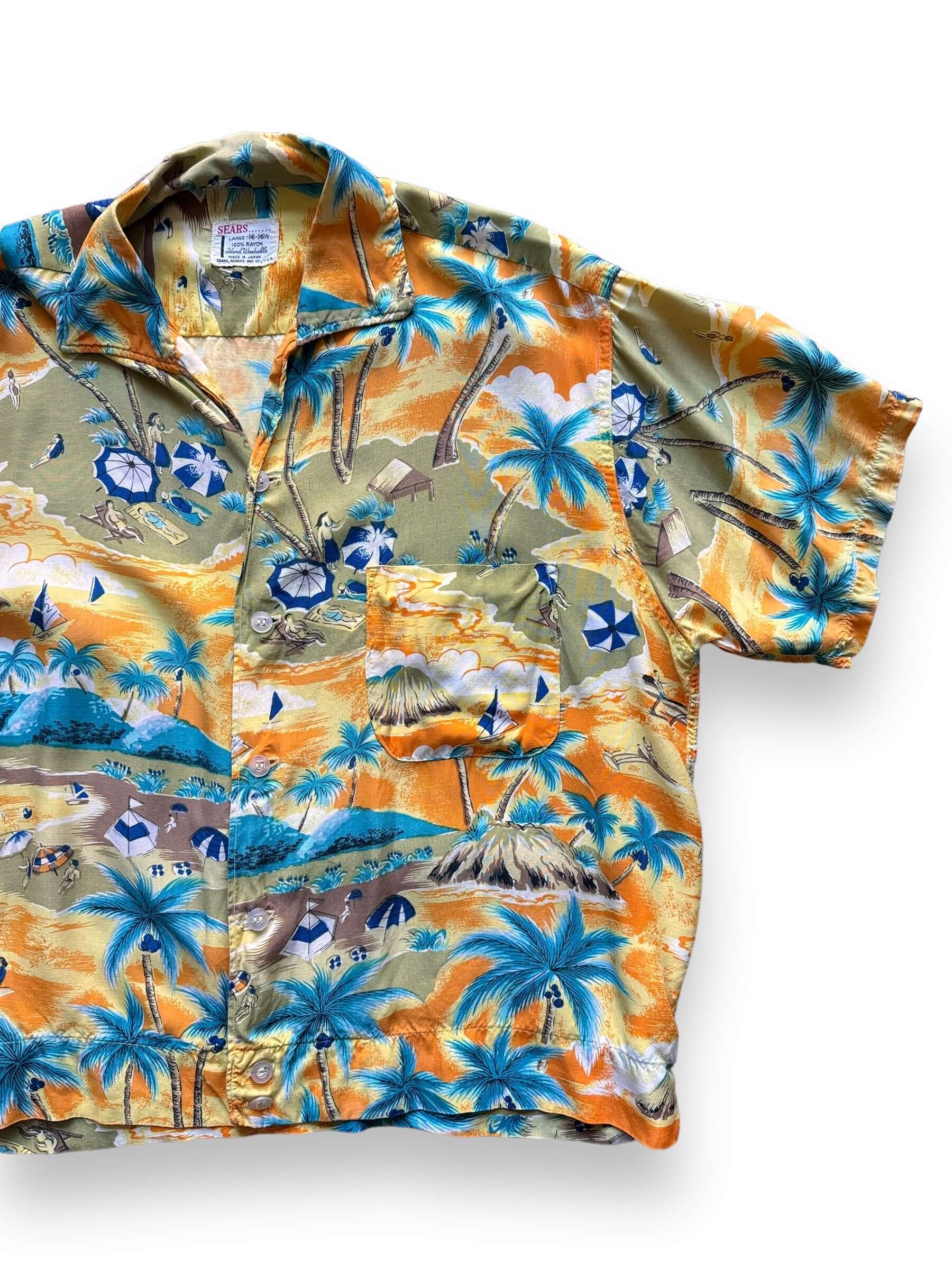 front right of Vintage Sears 100% Rayon Made in Japan Aloha Shirt SZ L