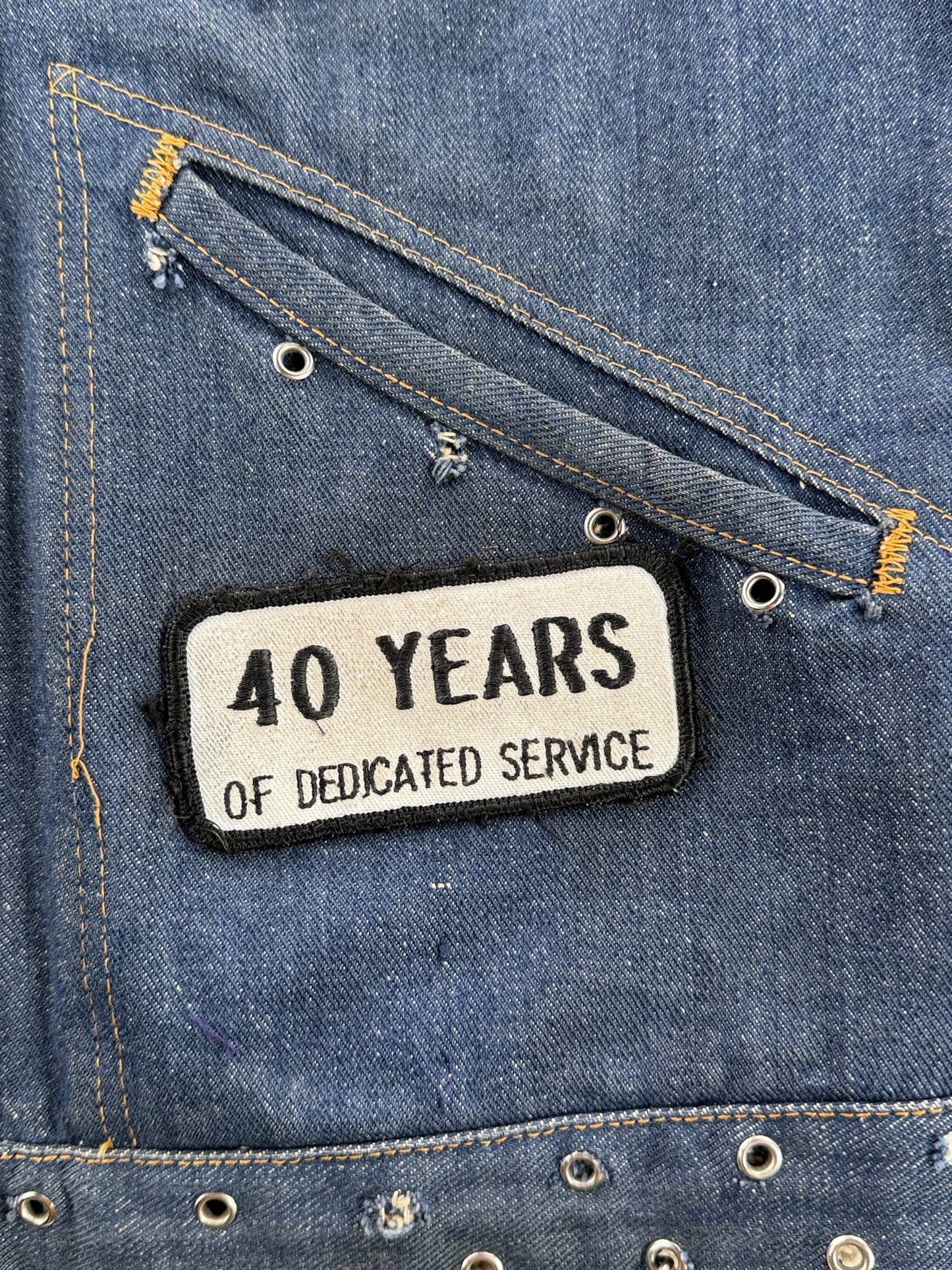 40 years of service patch on Vintage 60s Dark Wash Wrangler Biker Vest SZ 40