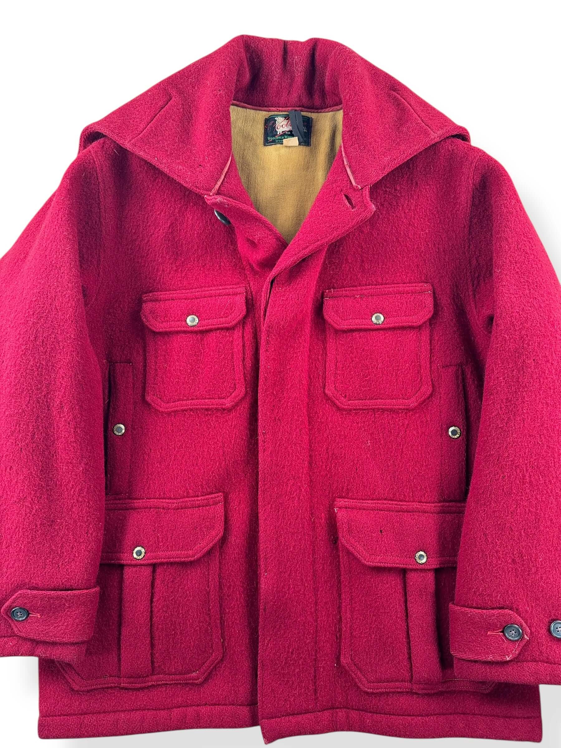 Front Close Up of Vintage Woolrich Burgundy Hooded Wool Jacket SZ 44