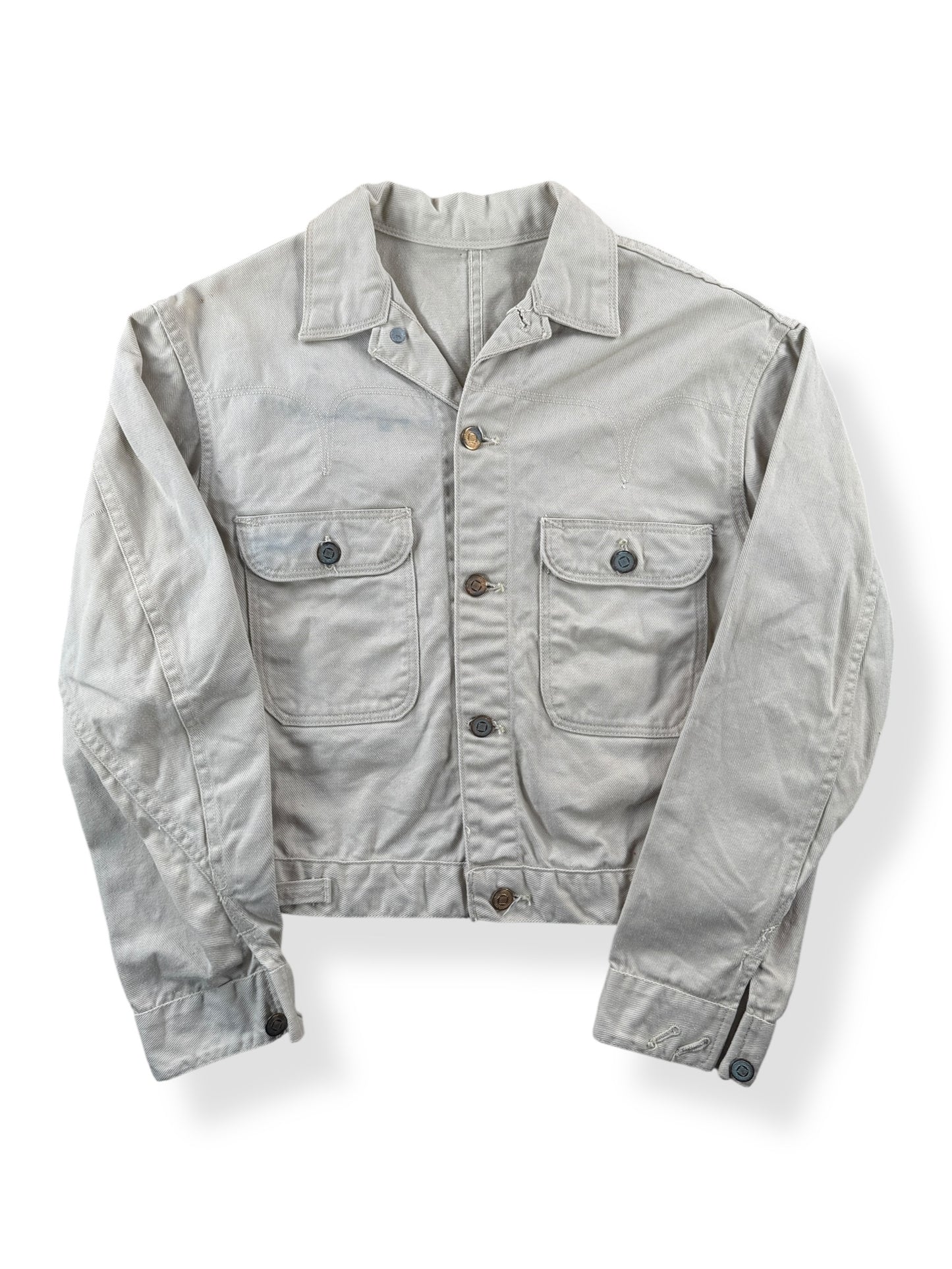 Front of Vintage Light Wash Key Denim Jacket SZ S