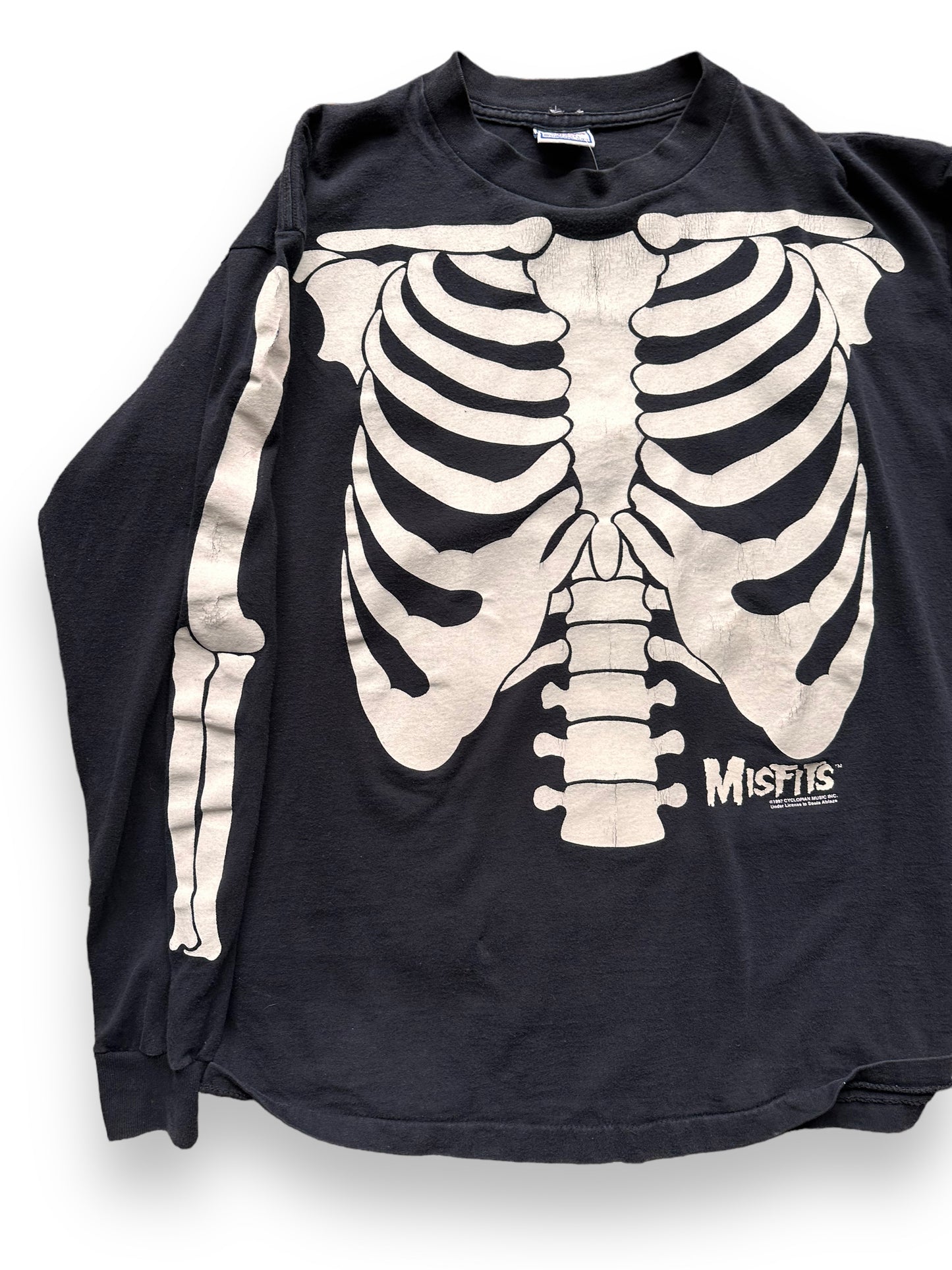 Front Right View of Vintage Long Sleeve Two-Sided Misfits Skeleton Tee SZ XL |  Barn Owl Vintage Clothing | Vintage Misfits Tees Seattle