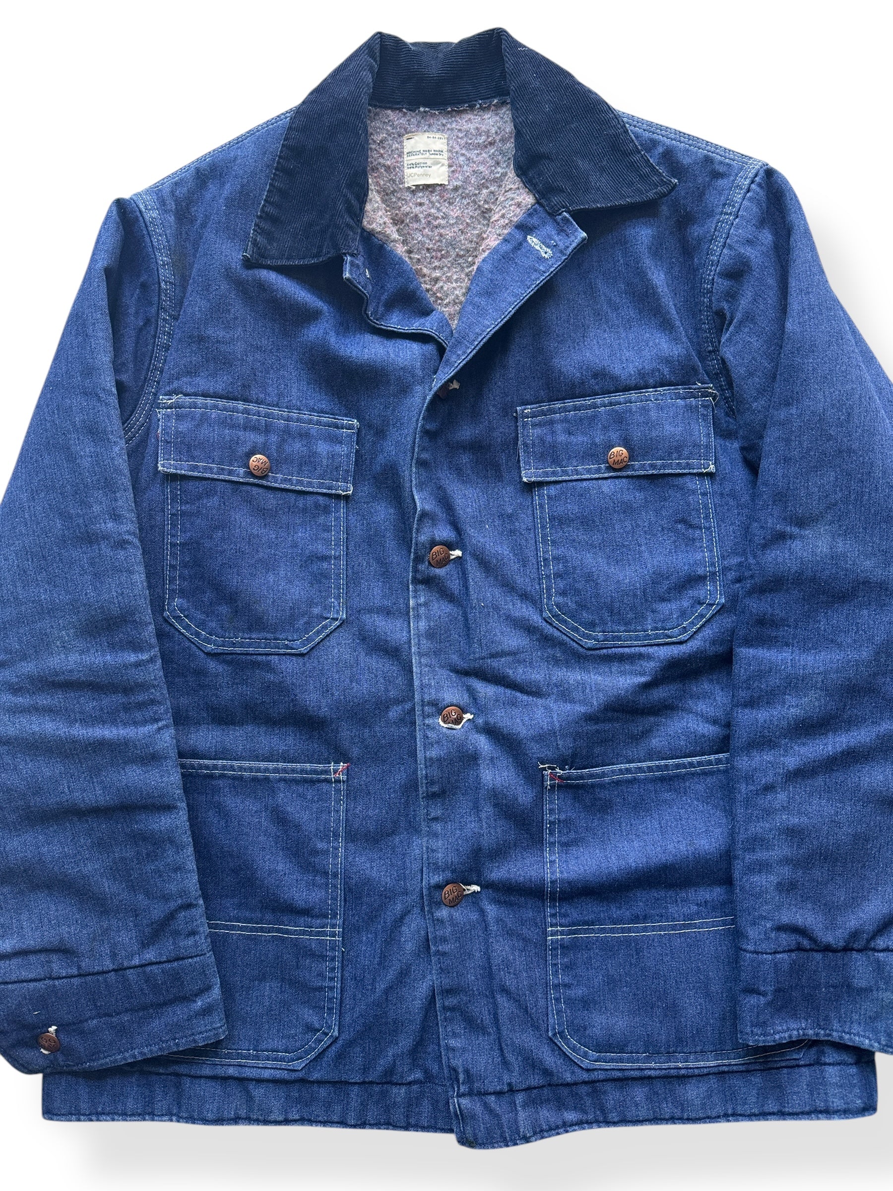 Front Close Up of Vintage Penney's Big Mac Denim Blanket Lined Chore Coat SZ M/L