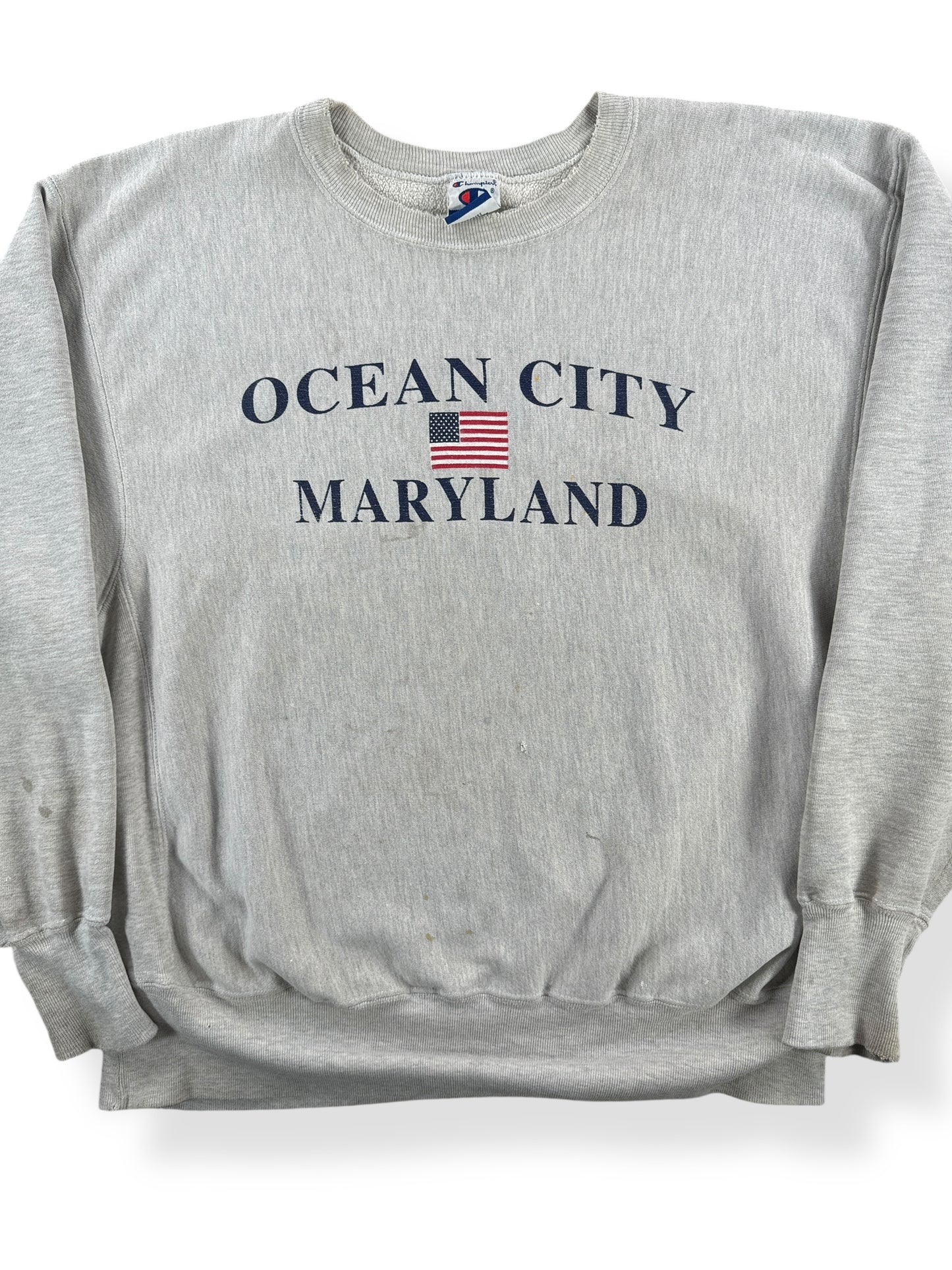Front Close Up of Vintage Ocean City MD Champion Crewneck SZ XL