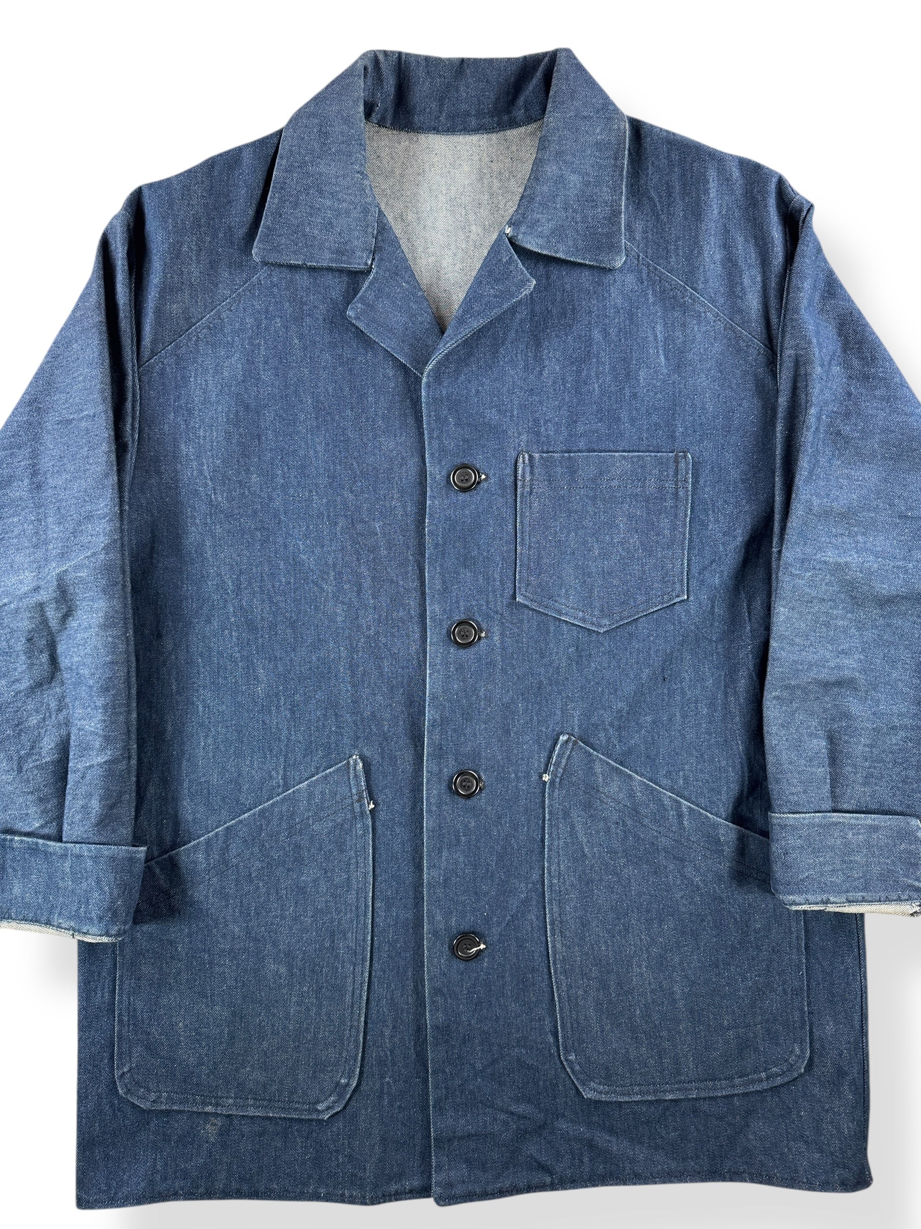 Front Close Up of Production Sample or Handmade Denim Chore Coat SZ XL