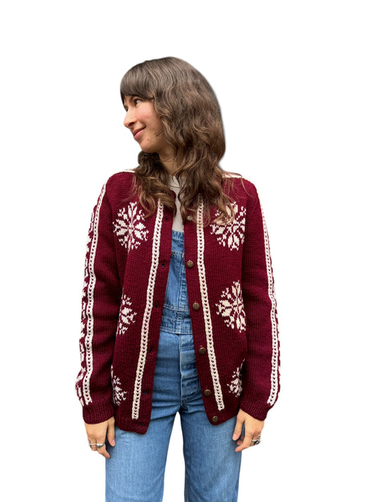 Vintage Hand Knit Burgundy Snowflake Cardigan Sweater | Barn Owl Vintage | Seattle True Vintage