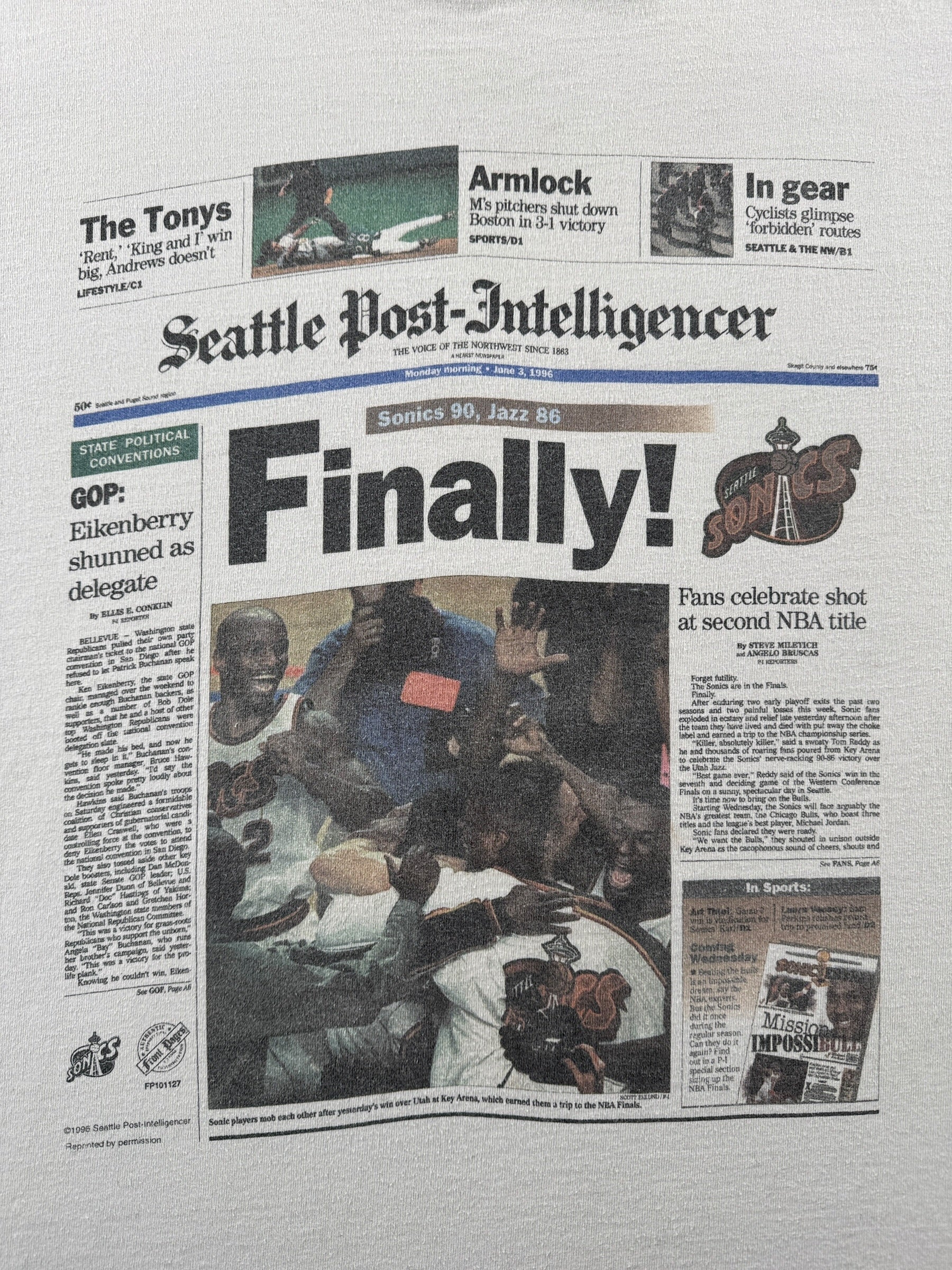 Graphic of Vintage Sonics 96 Newspaper Tee SZ XL