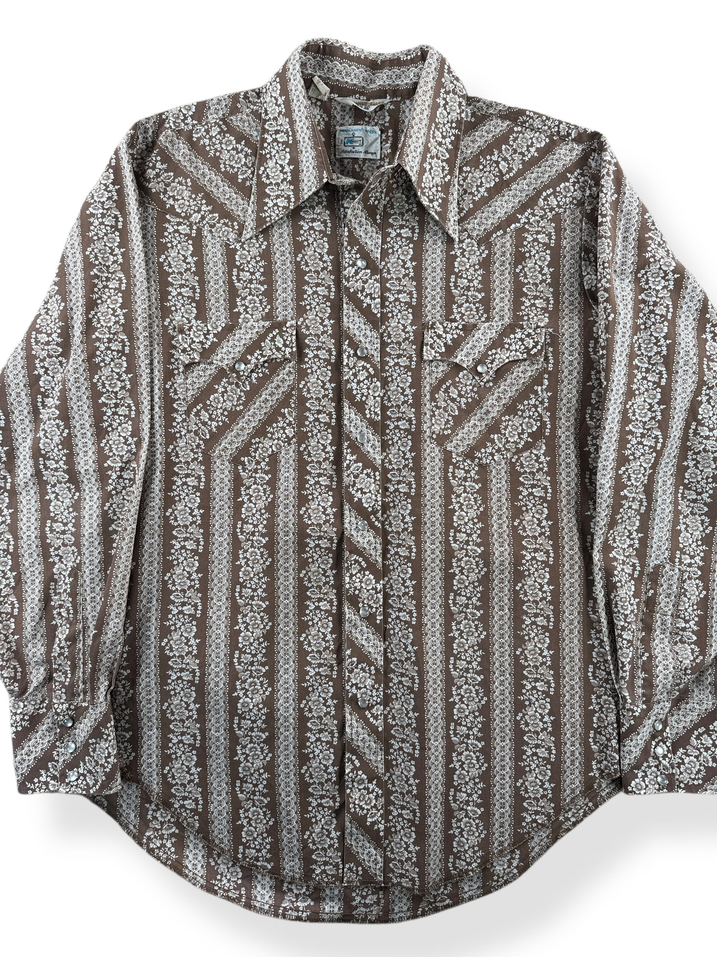 Front Close Up of Vintage Kmart Brown Floral Disco Pearl Snap Shirt SZ 16 1/2 - 35 Tall (L)