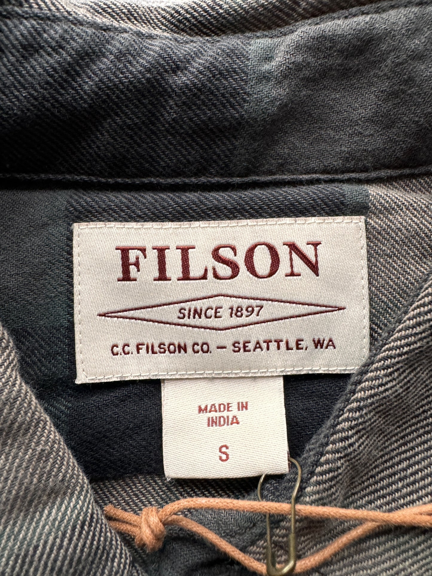 Tag on NOS Filson Grey Green Tan Scout Shirt SZ S