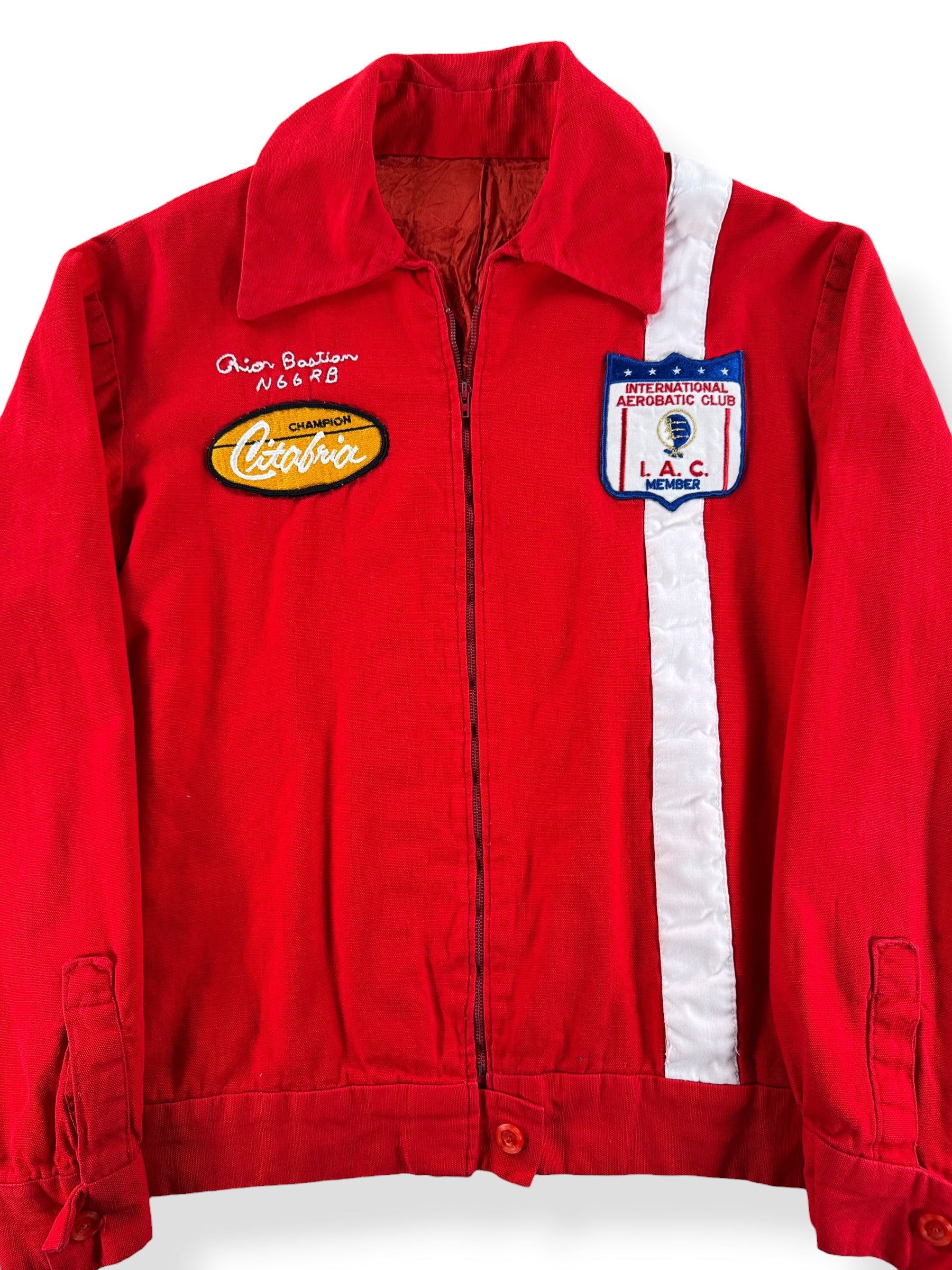 Front Close Up of Vintage International Aerobatic Club Patched Jacket SZ S/M