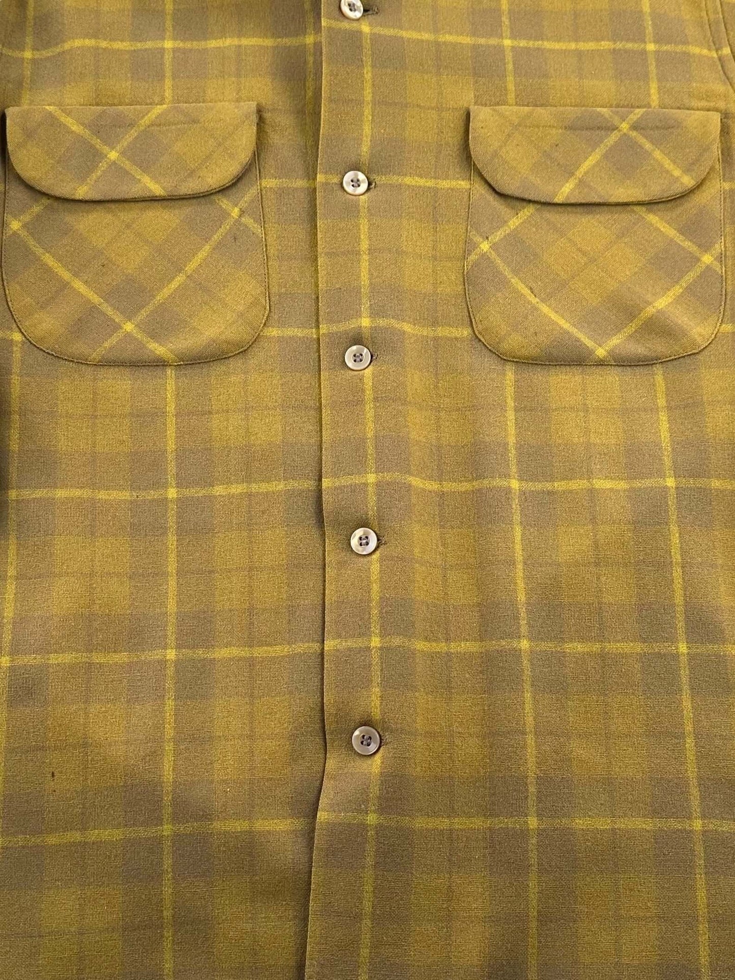 button placket of Vintage Pendleton Mustard Plaid Wool Board Shirt SZ M