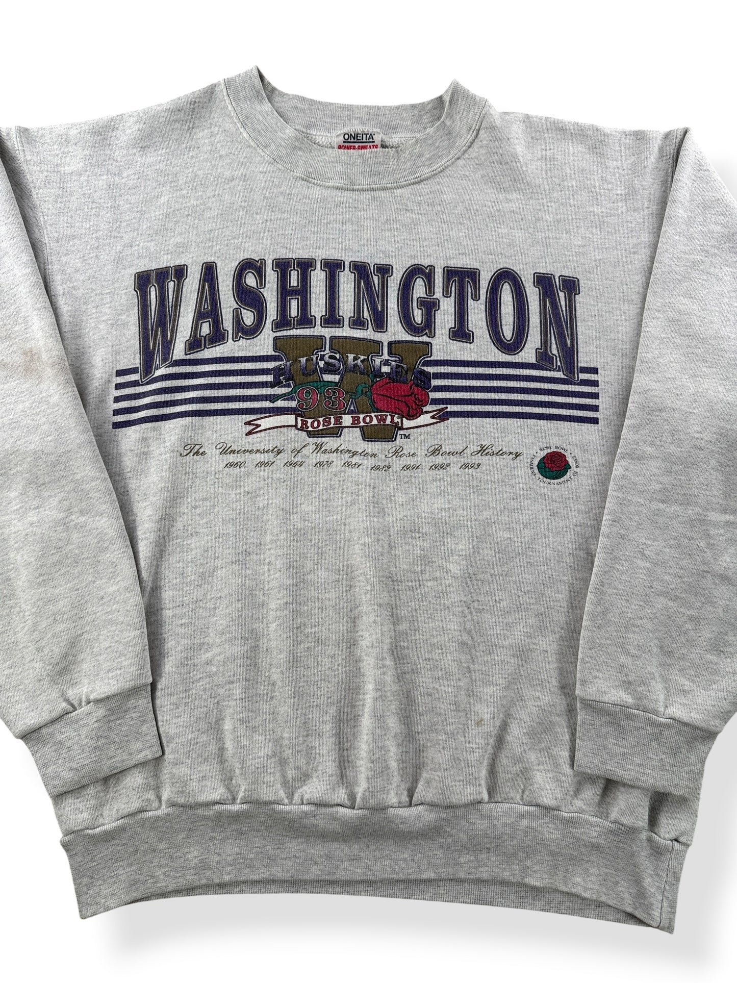 Front Close Up of Vintage 1993 Huskies Rose Bowl Crewneck SZ XL (Fits L)